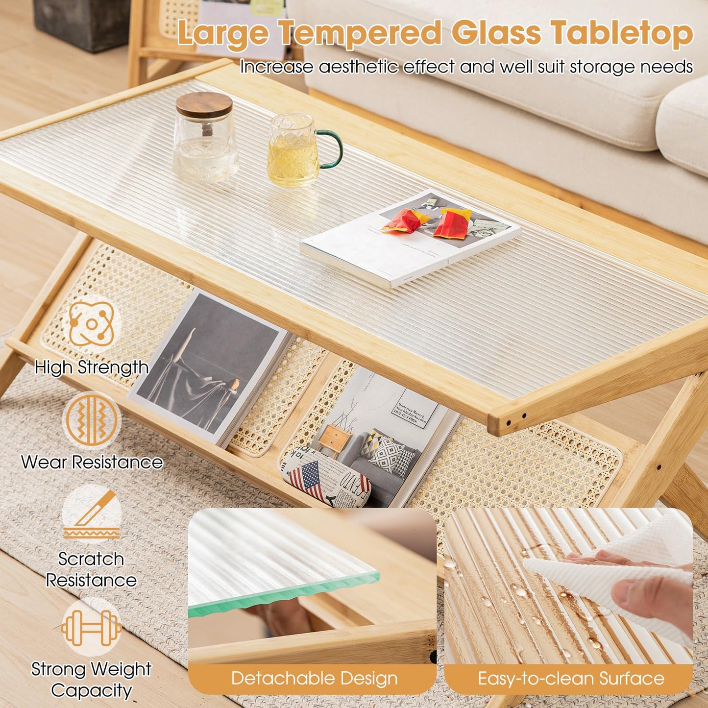 Tempered Glass Cocktail Tea Center Table with Rattan Magazine Storage Shelf