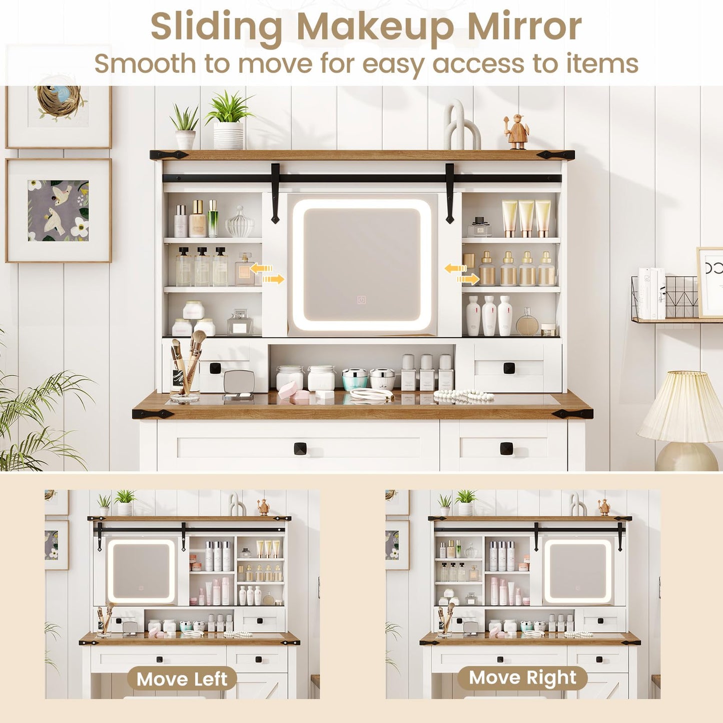 Makeup Vanity Desk and Stool Set with Sliding Mirror and Cabinet