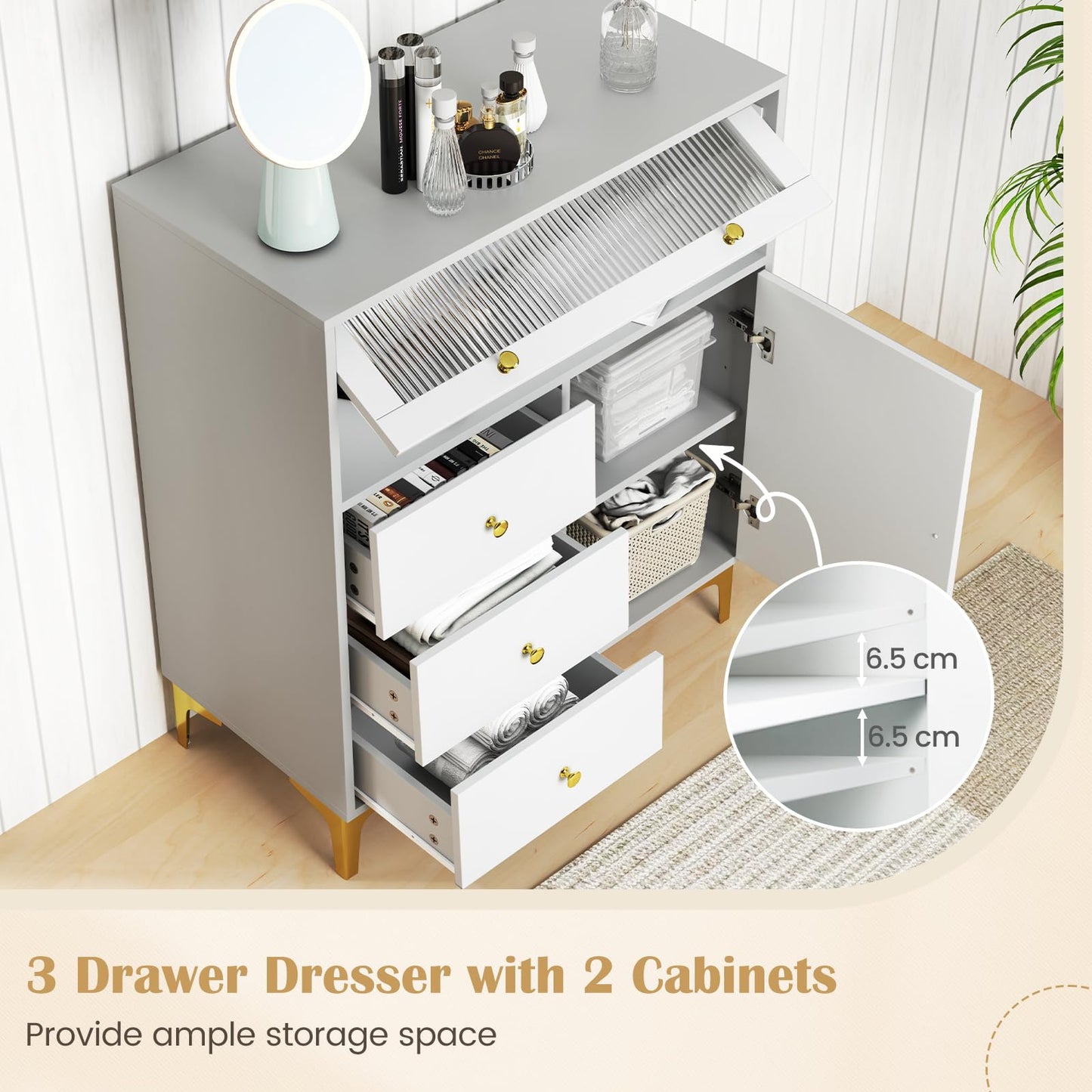 Giantex Wooden Chest of Drawers 3-Drawer Dresser Storage Cabinet with Flip Up Fluted Glass Door & Adjustable Shelf