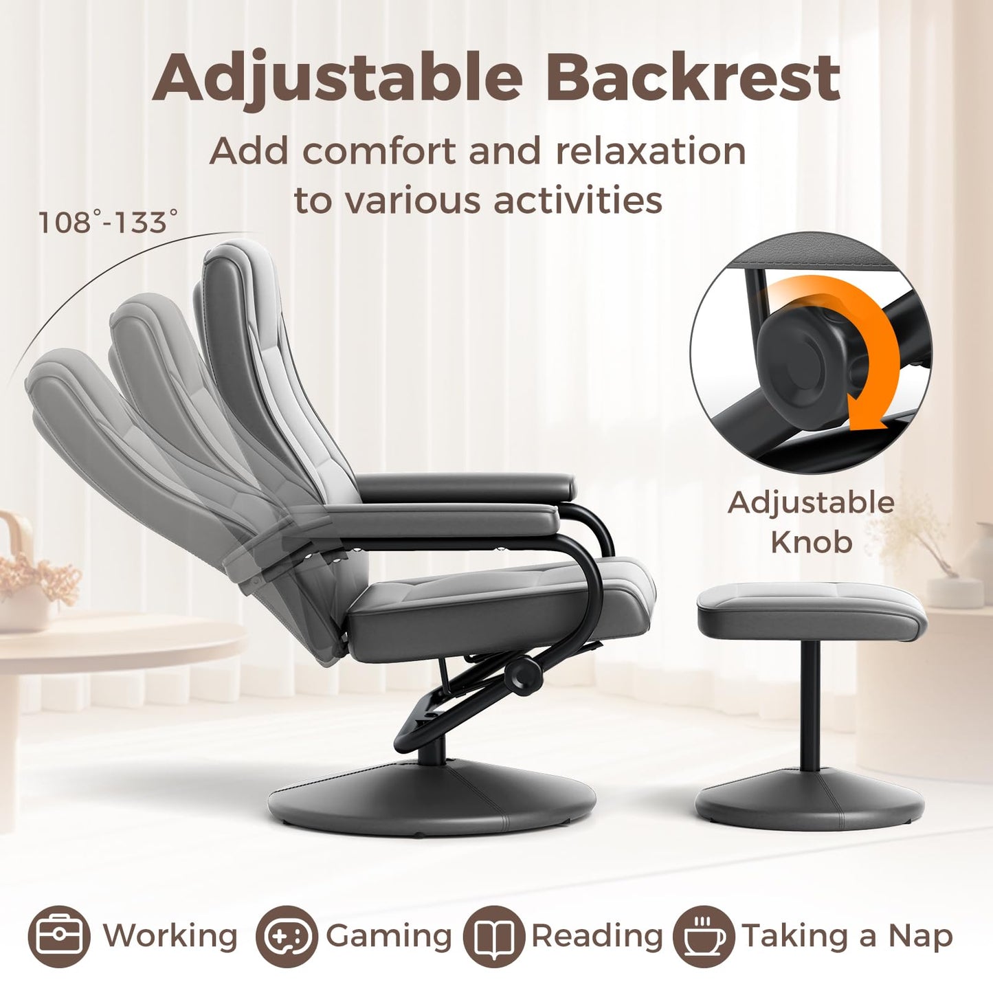 360° Swivel Reclining Chair with Ottoman and Adjustable Backrest