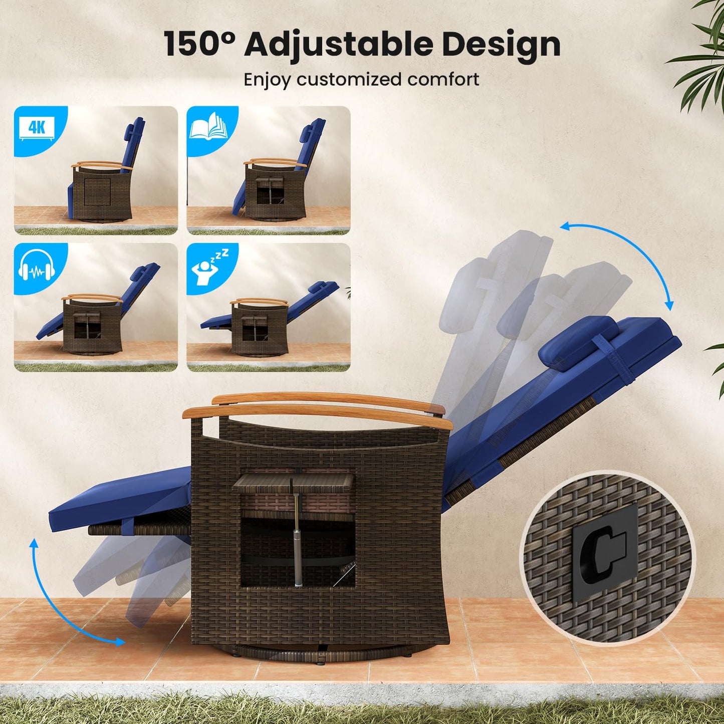 Outdoor 360° Swivel Rattan Recliner Chair with Adjustable Backrest and Footrest