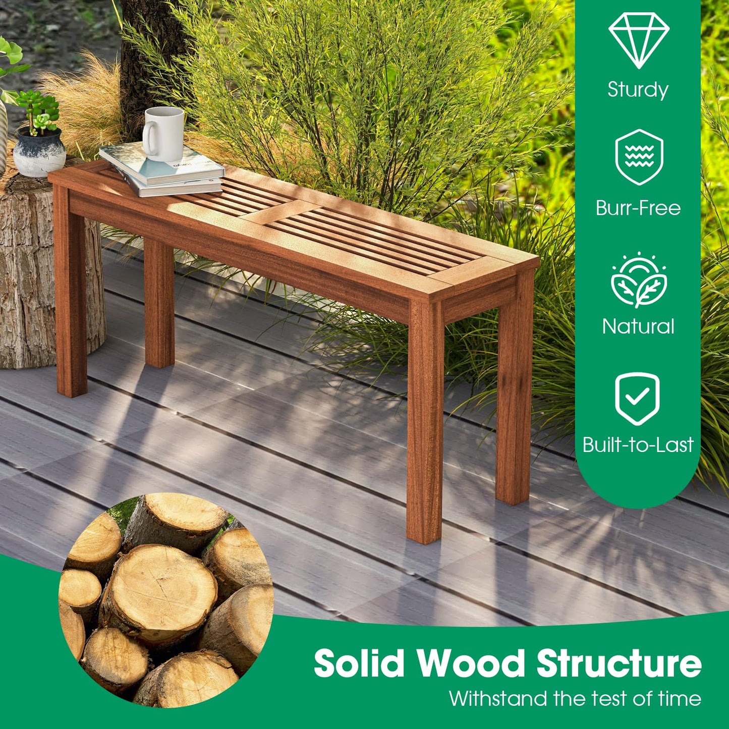 2-Person Patio Wood Bench with Slatted Seat