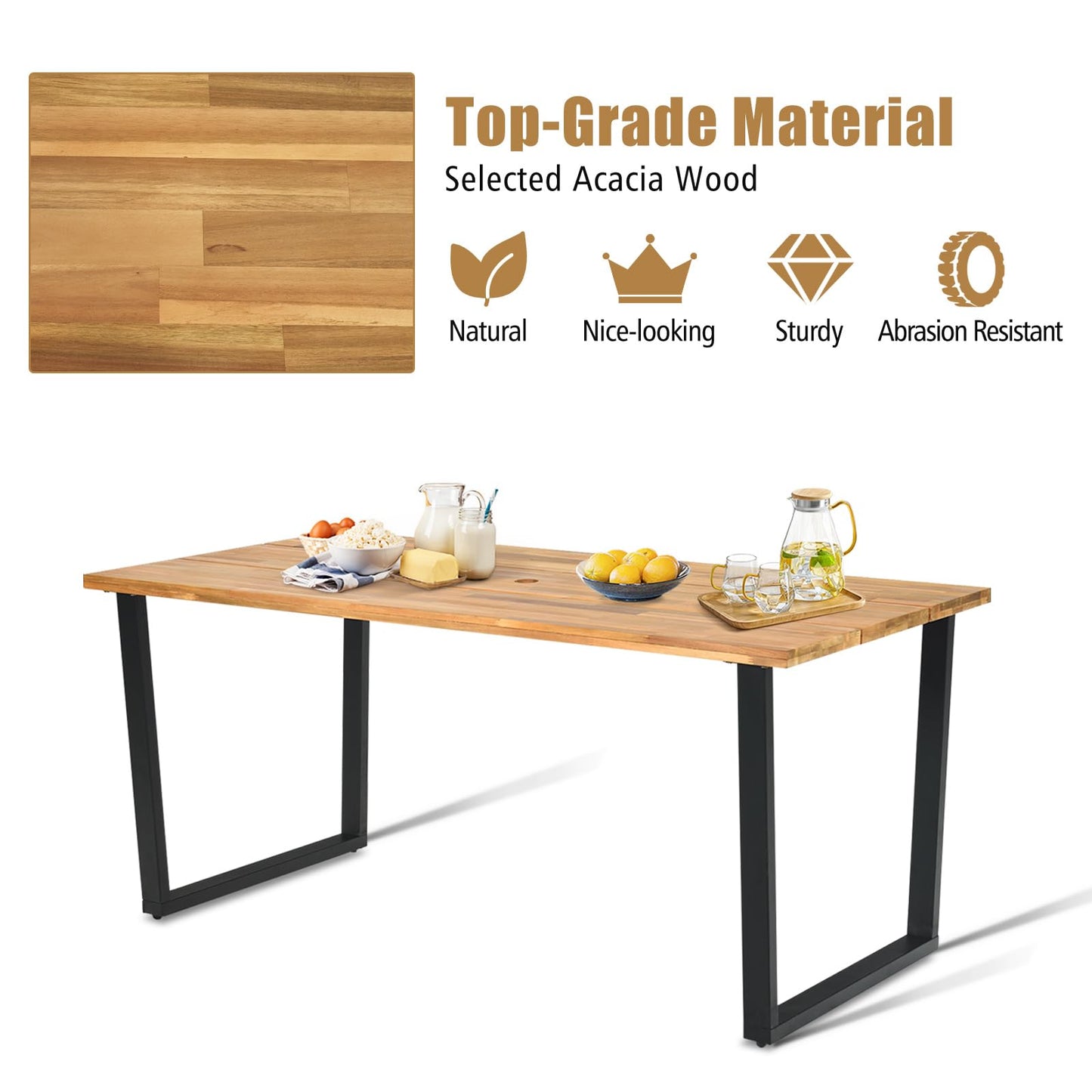 175 x 80cm Patio Rectangle Dining Table for 6 Person with Umbrella Hole