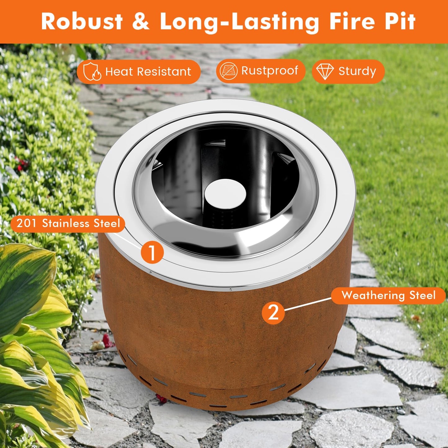 49cm Smokeless Stainless Steel Fire Pit with Weathering Steel Shell