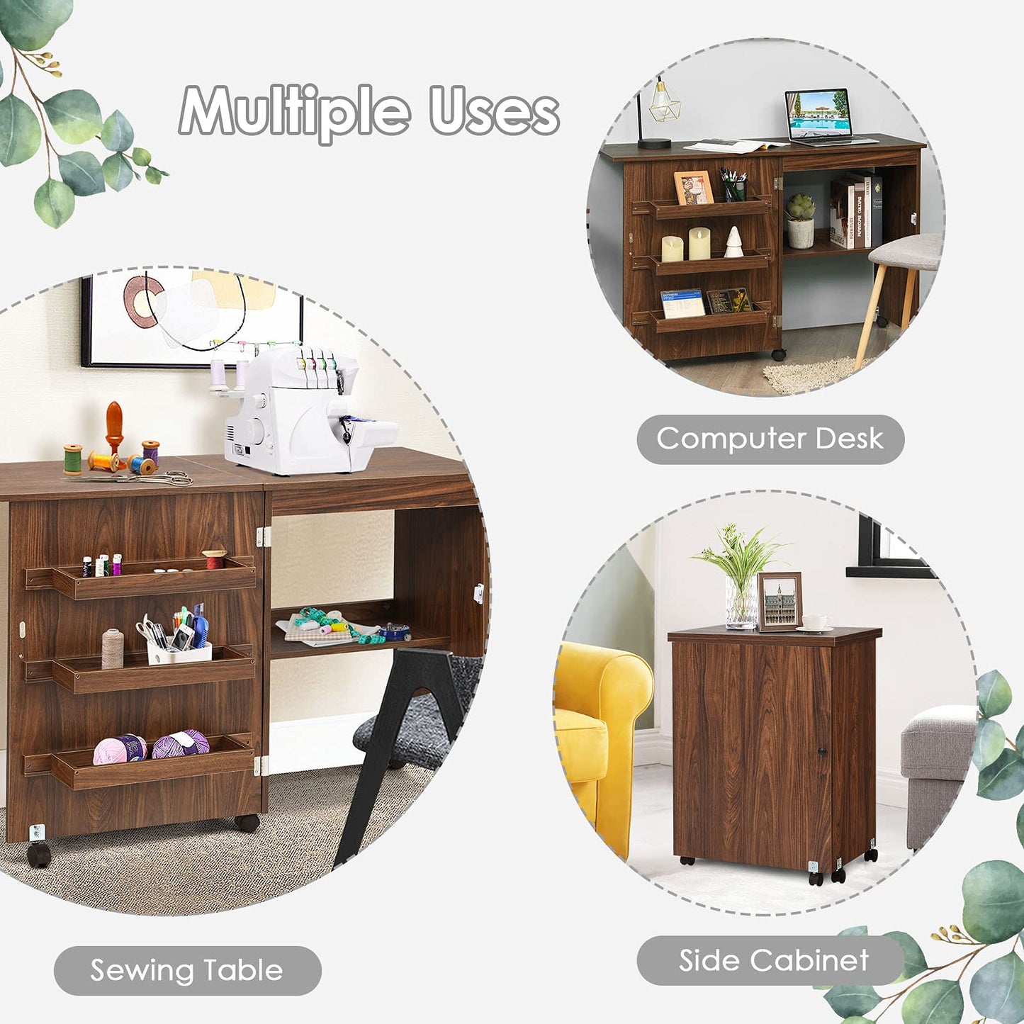 2-in-1 Rolling Folding Sewing Table with Storage Shelves and Lockable Casters