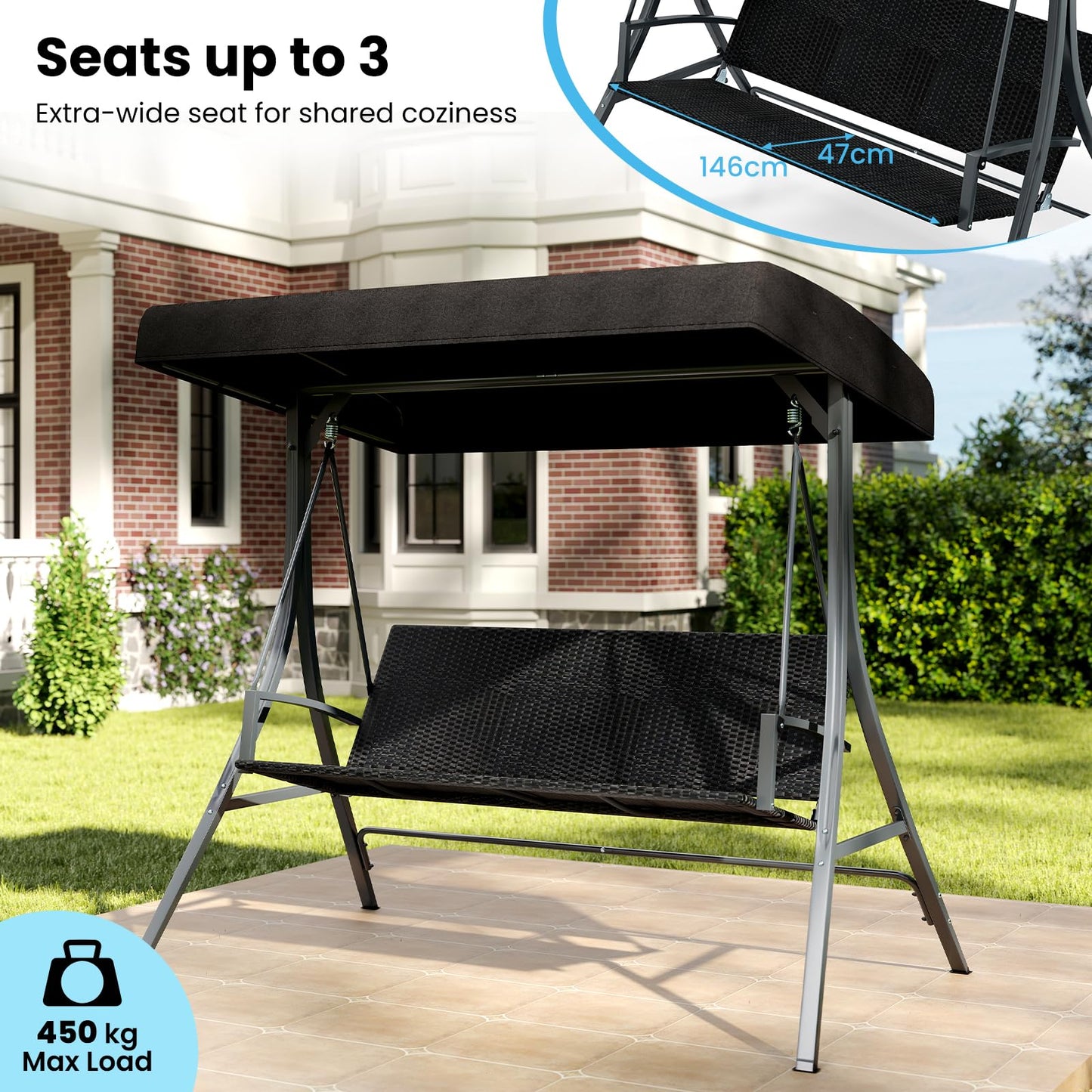 3-Person Porch Swing with Stand Adjustable Canopy Swing with Rattan Seat