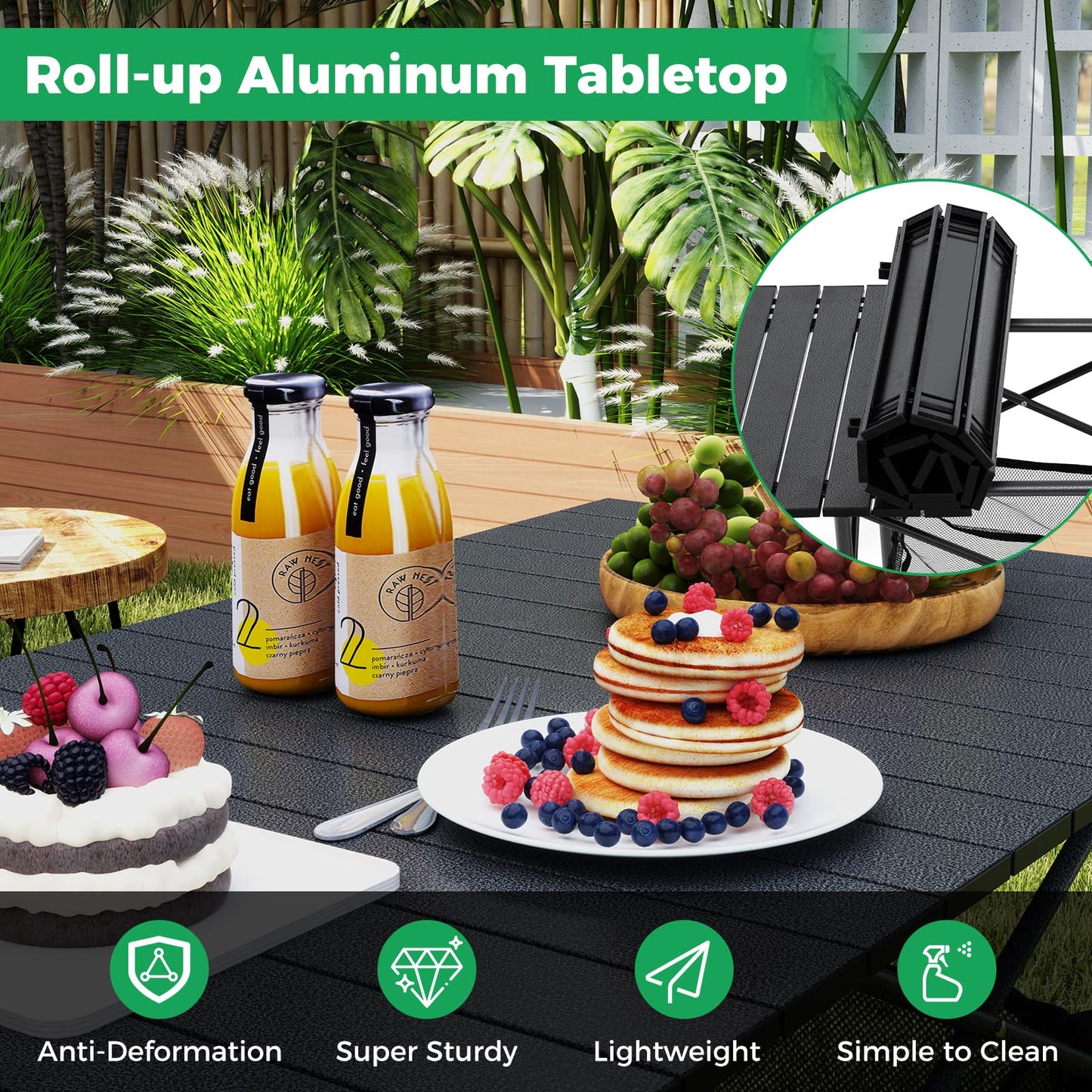 Patio Folding Camping Table Picnic Table with Aluminum Roll-up Tabletop