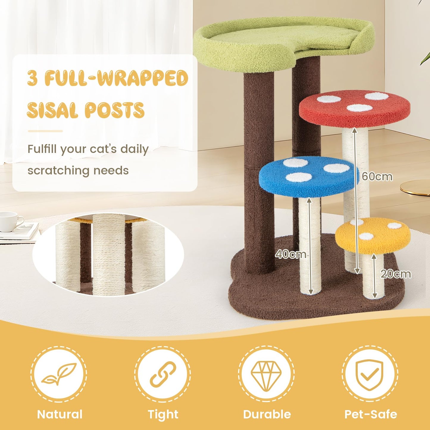 Cat Tree 94cm Mushroom Cat Climbing Tower with Scratching Posts