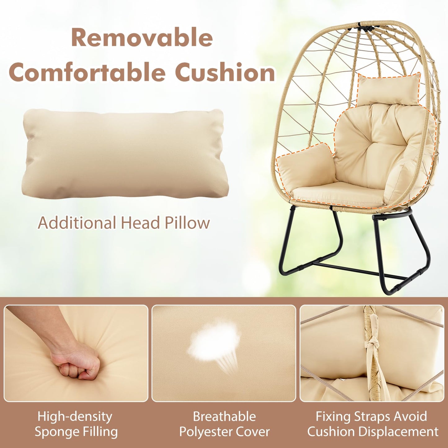Oversized Standing Rattan Garden Egg Chair with Thick Cushions and Headrest