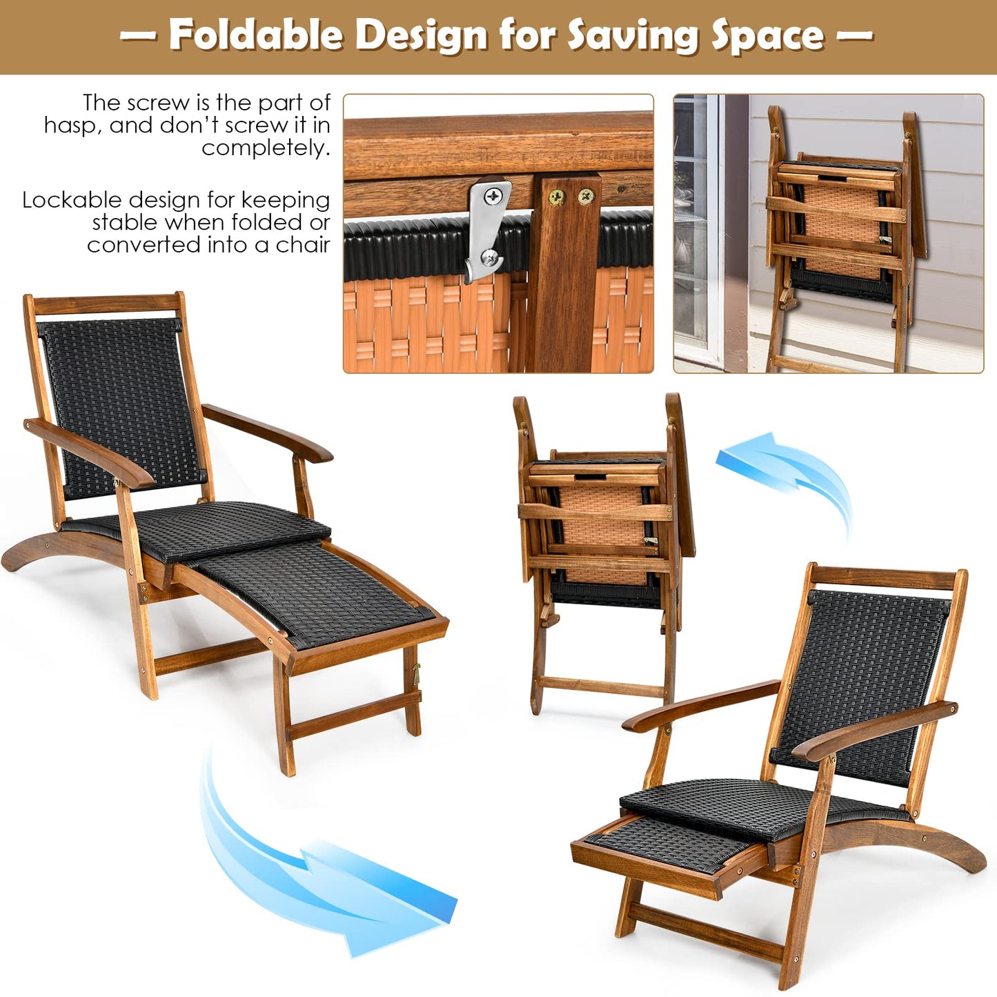 Acacia Wood Rattan Deck Chair with Retractable Footrest
