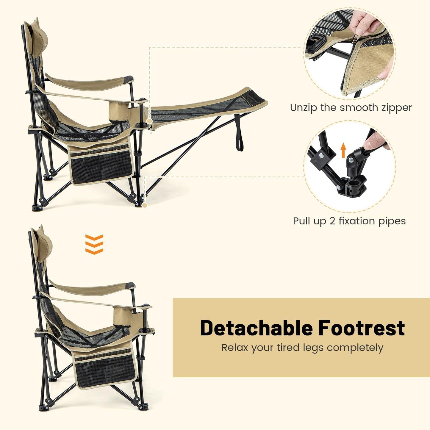 2 in 1 Portable Reclining Camp Chair with Detachable Footrest