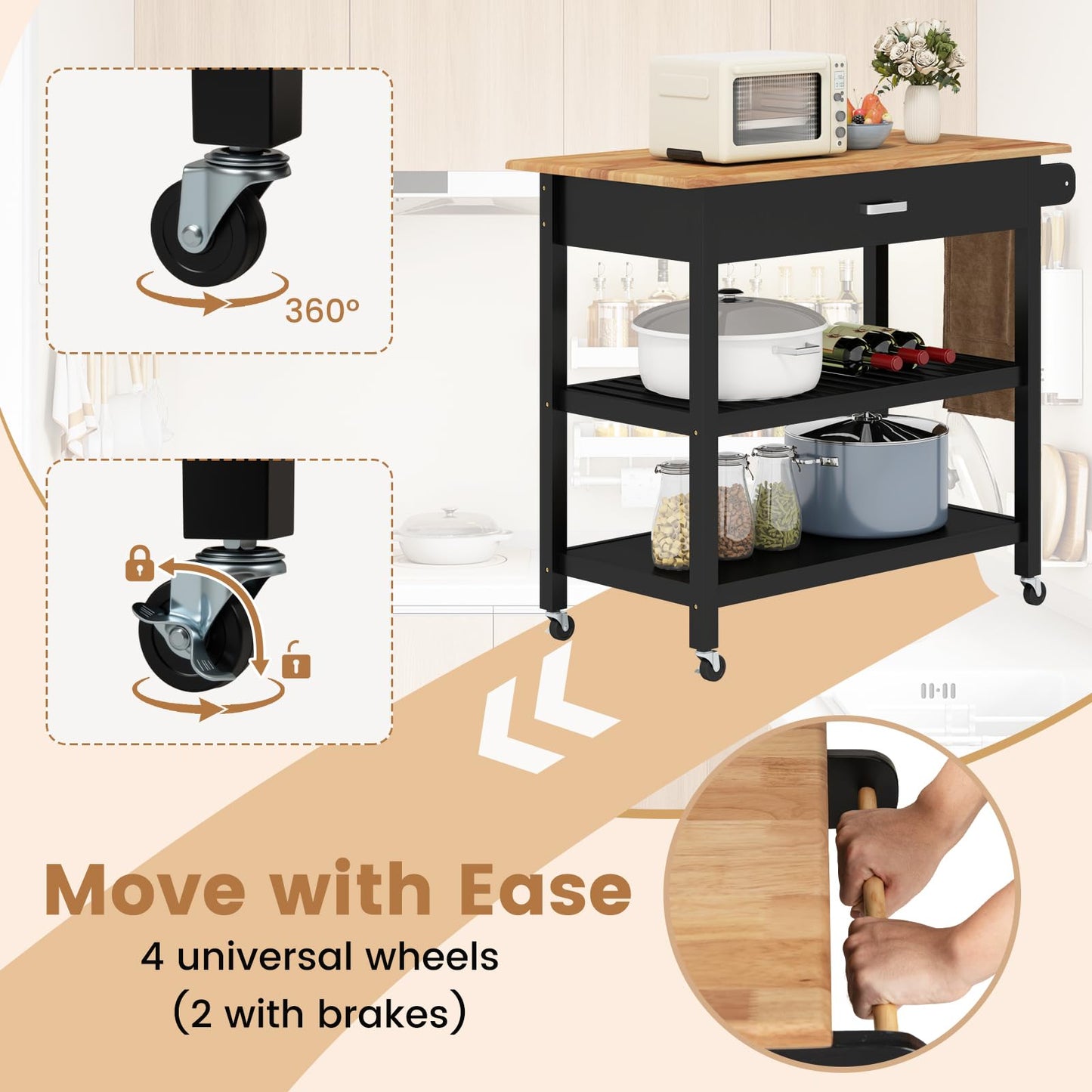 Kitchen Island with Open Shelves and Lockable Casters