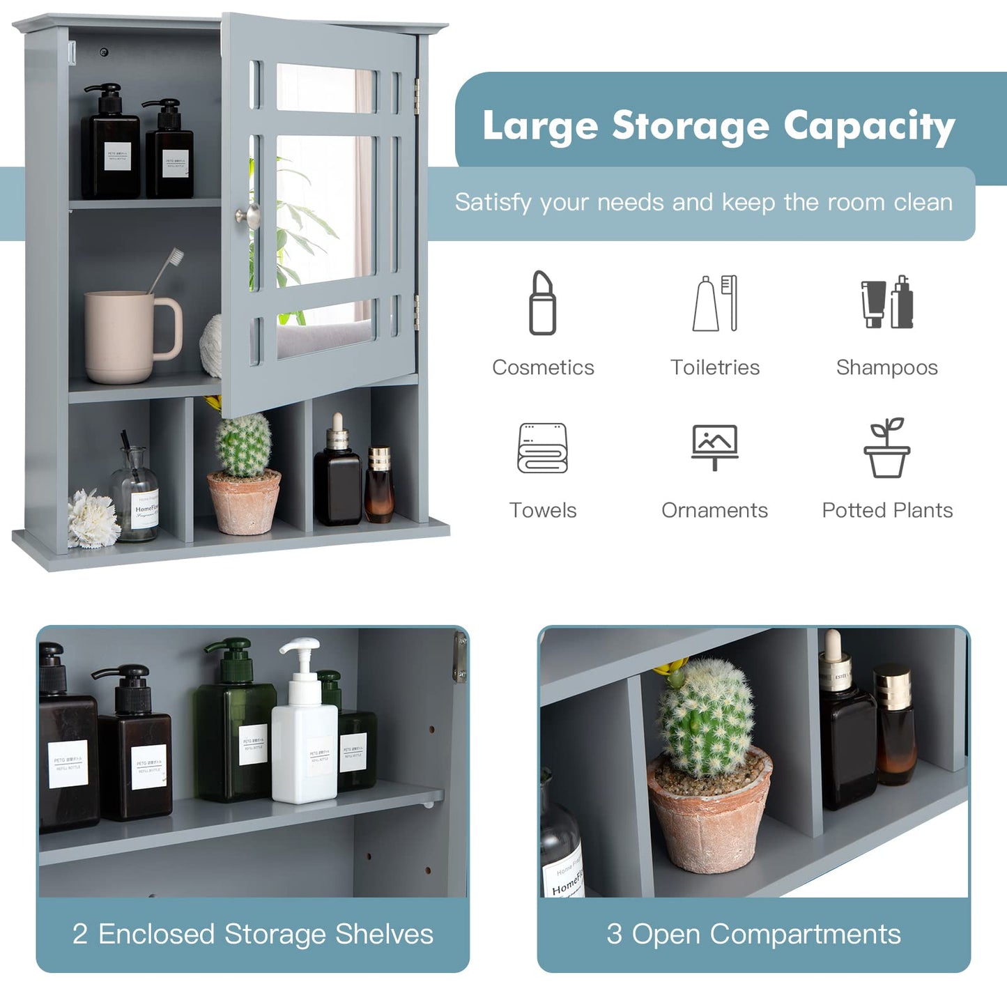 Mirror Door Cabinet with Adjustable Shelf and 3 Compartments