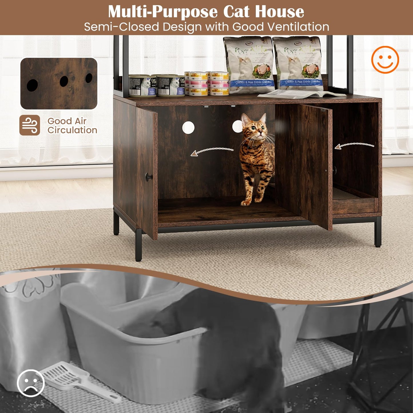 Hidden Cats Washroom Furniture with 3-tier Storage Shelves