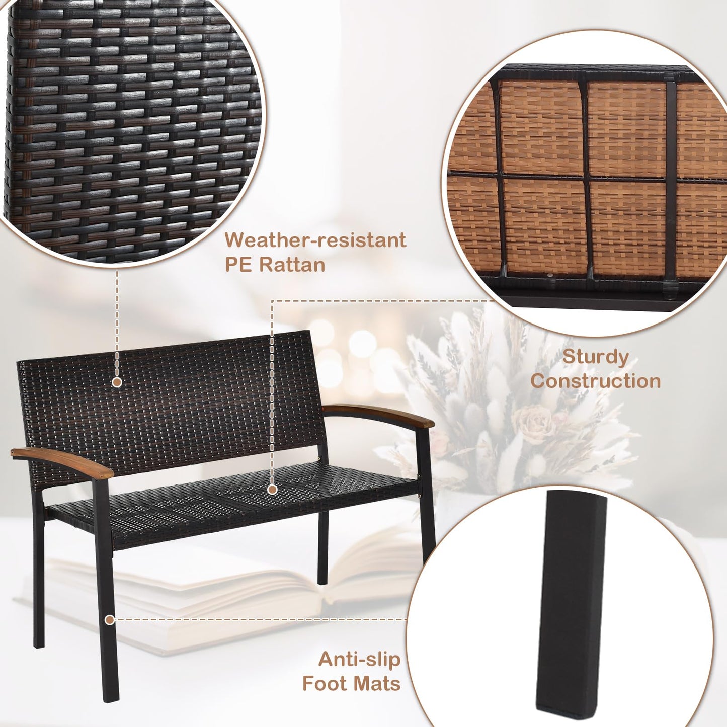 2 Seater Wicker Leisure Loveseat with Acacia Wood Armrests
