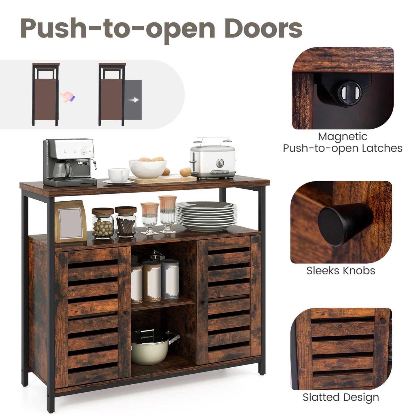 Sideboard Storage Cabinet with Slatted Door and 3 Adjustable Shelves