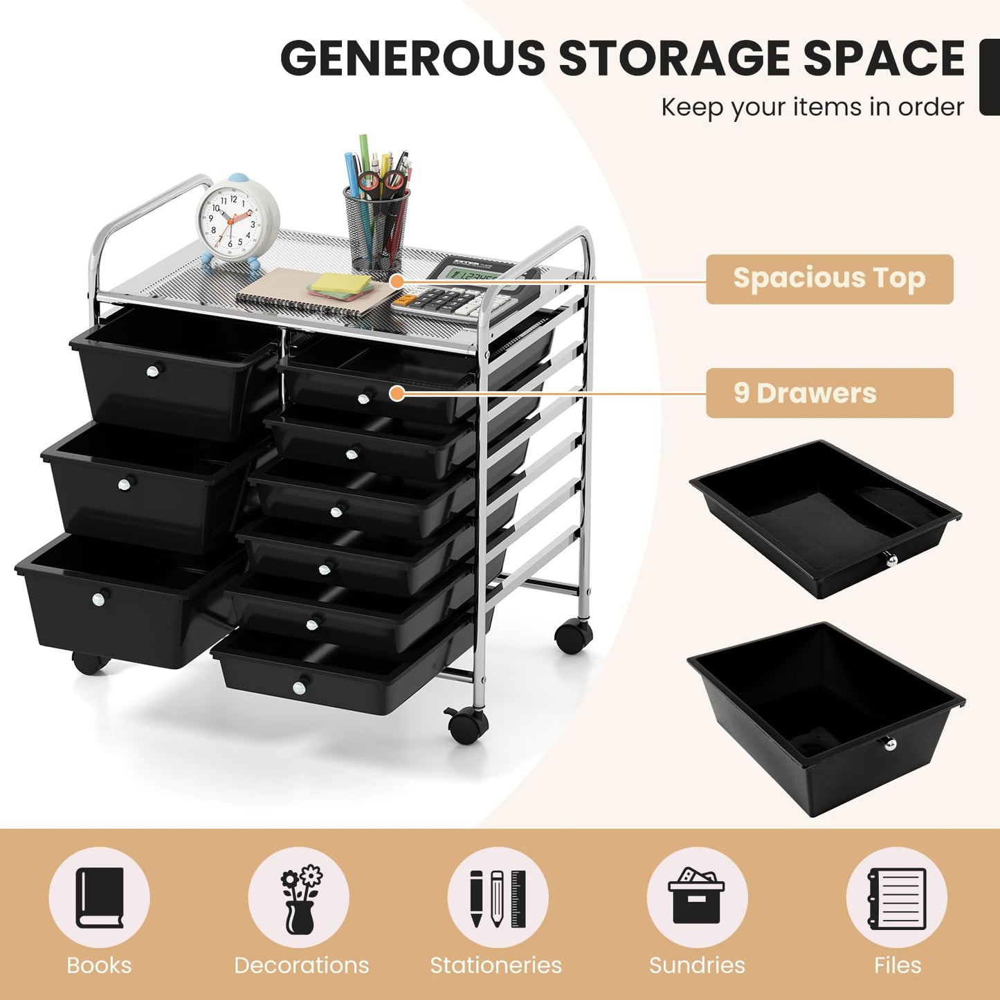 Metal Frame Utility Storage Organizer Cart with 4 Wheels