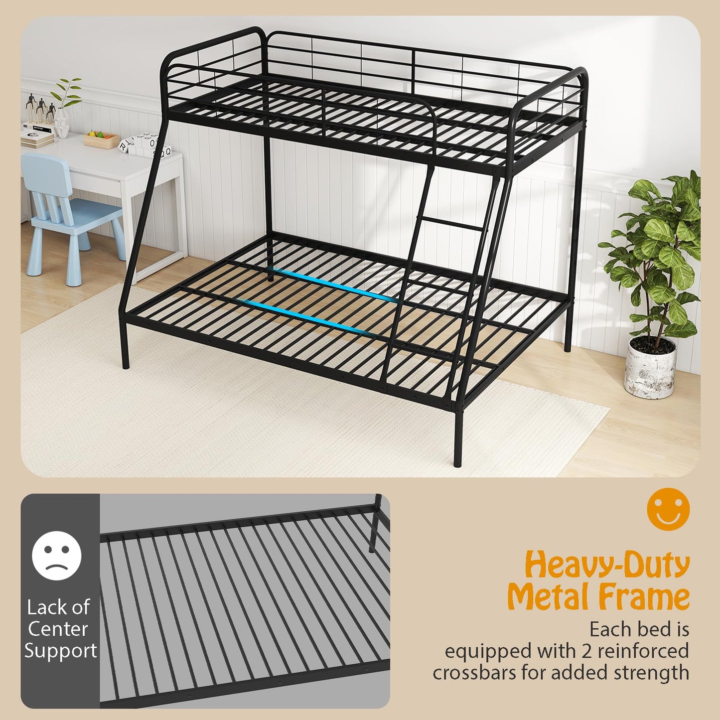 Single over Double Loft Bed Frame with Ladder and Safety Guardrail