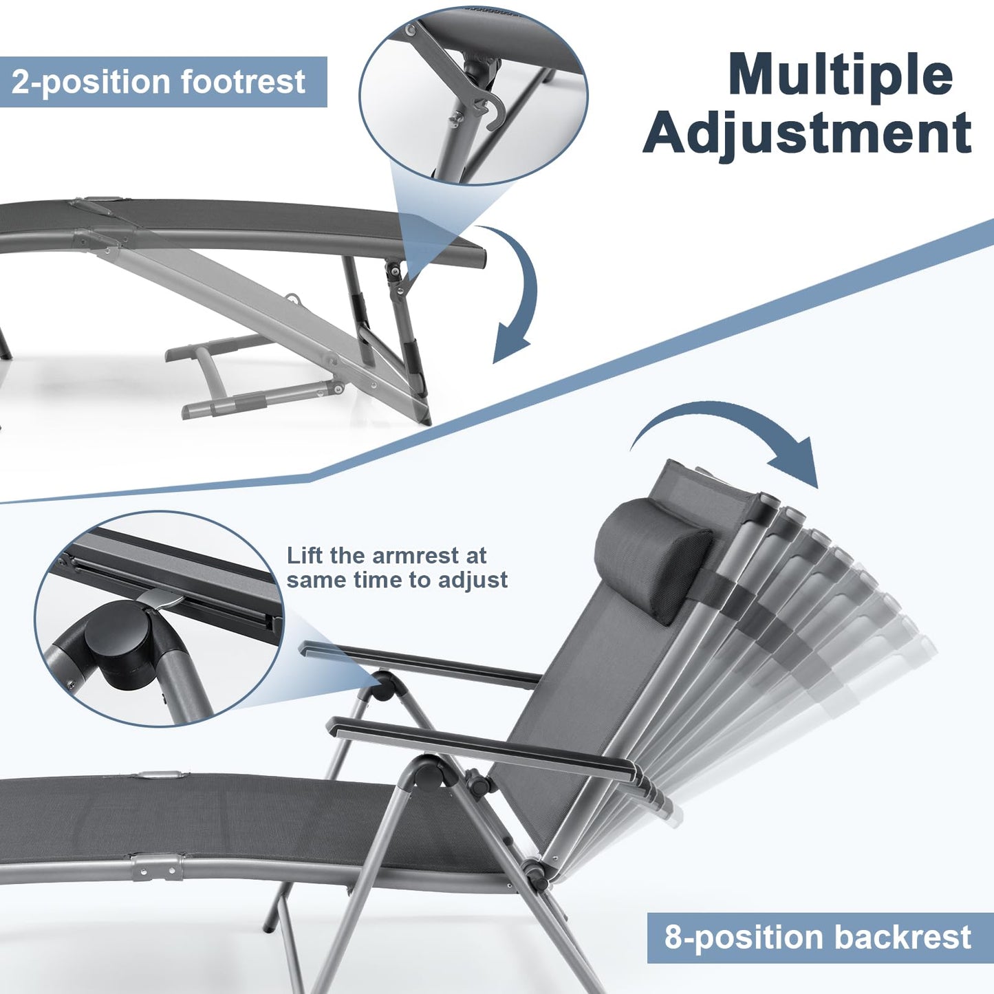 8 Positions Adjustable Garden Chaise Lounge Sunbed with 2-Level Foldable Legs and Pillow