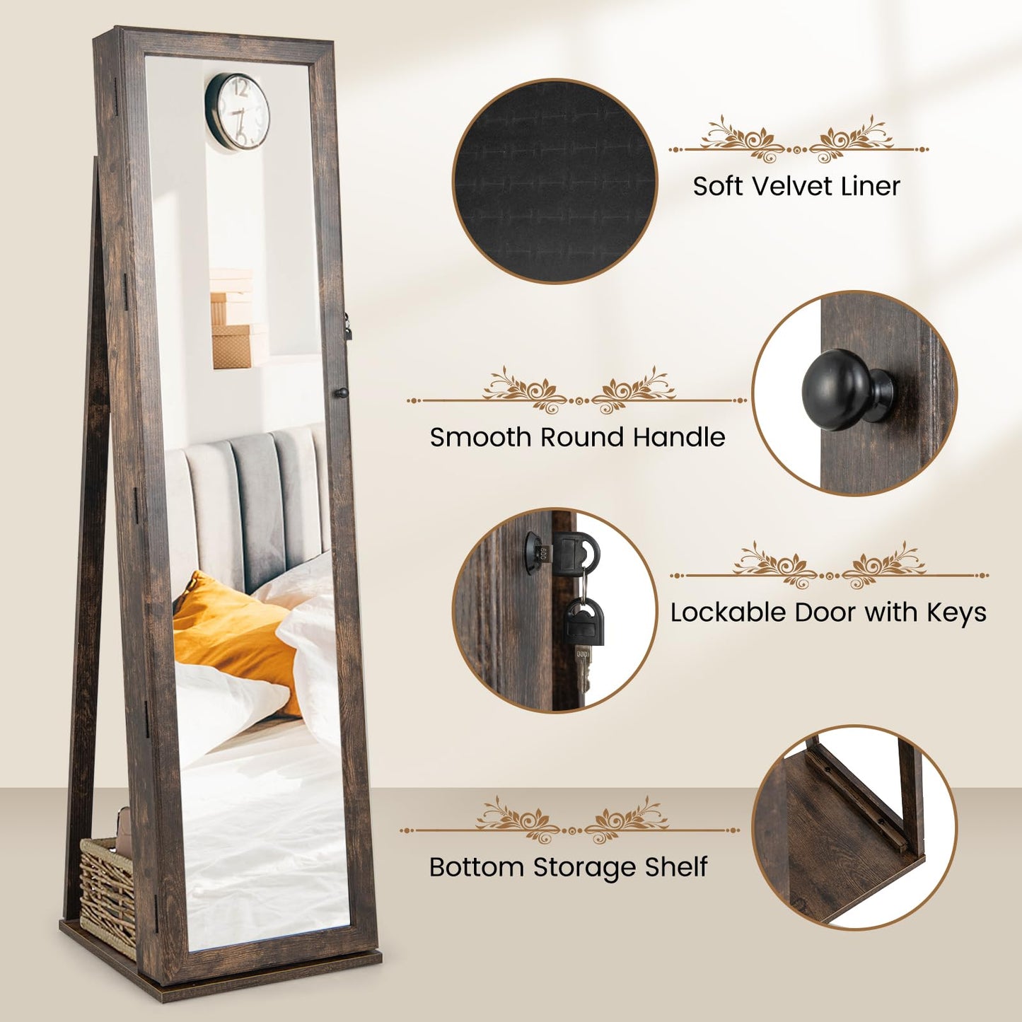 3-in-1 Mirrored Jewelry Armoire with Display Shelves