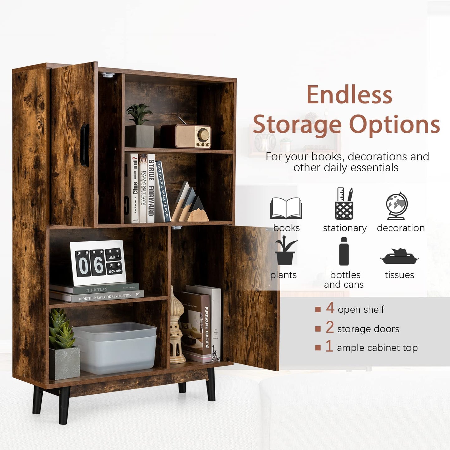 Freestanding Wooden Sideboard Storage Cabinet with 2 Doors and 4 Shelves