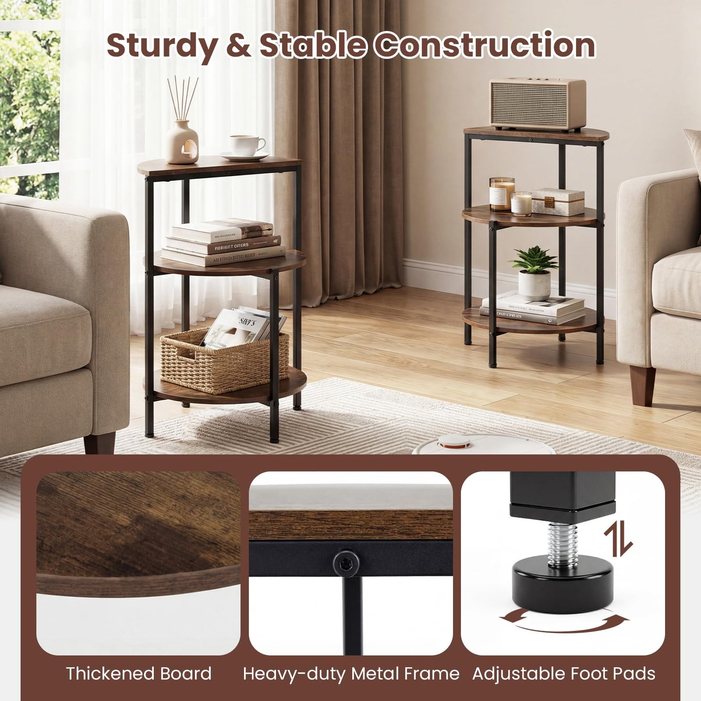 3-Tier Round Side Table, Industrial Nightstand Bedside Table with Storage Shelves