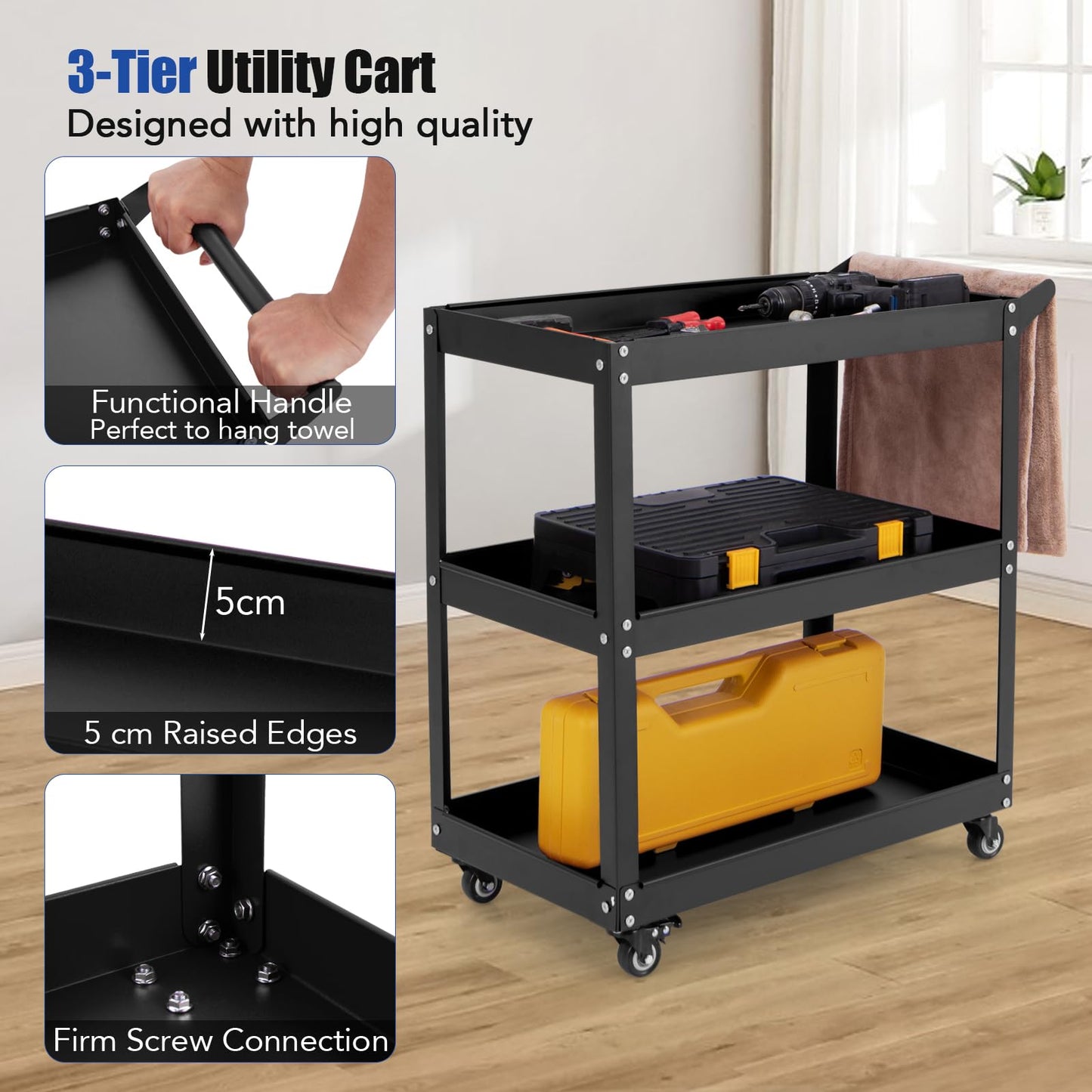 3-Tier Rolling Tool Cart with 4 Universal Wheels with 2 Brakes
