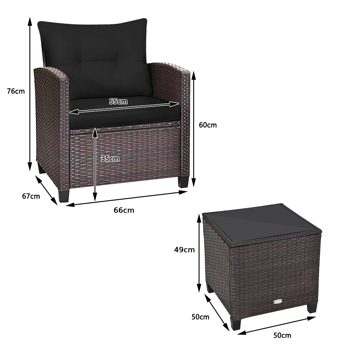 Metal Frame Garden Coffee Table and Sofa Chairs Set with Cushions