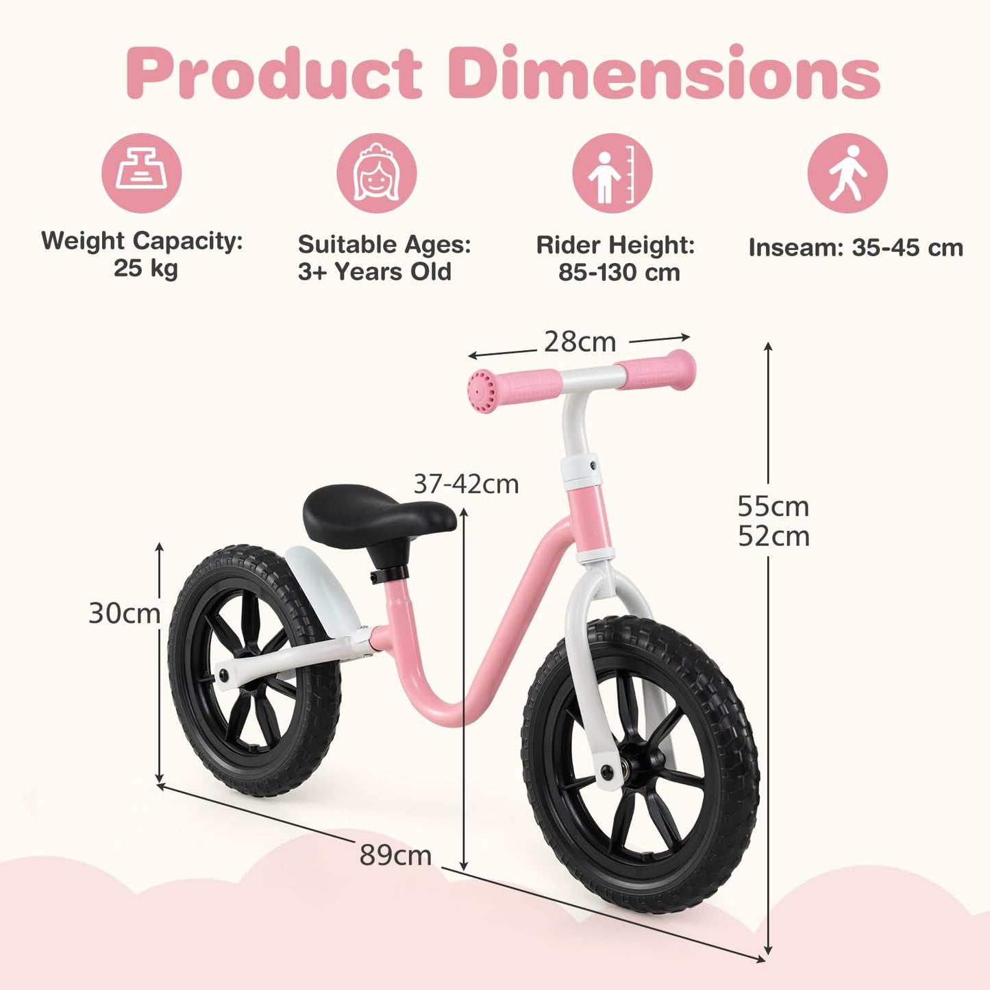 12 Inch Balance Bike No Pedal Training Bicycle with Adjustable Handle and Seat
