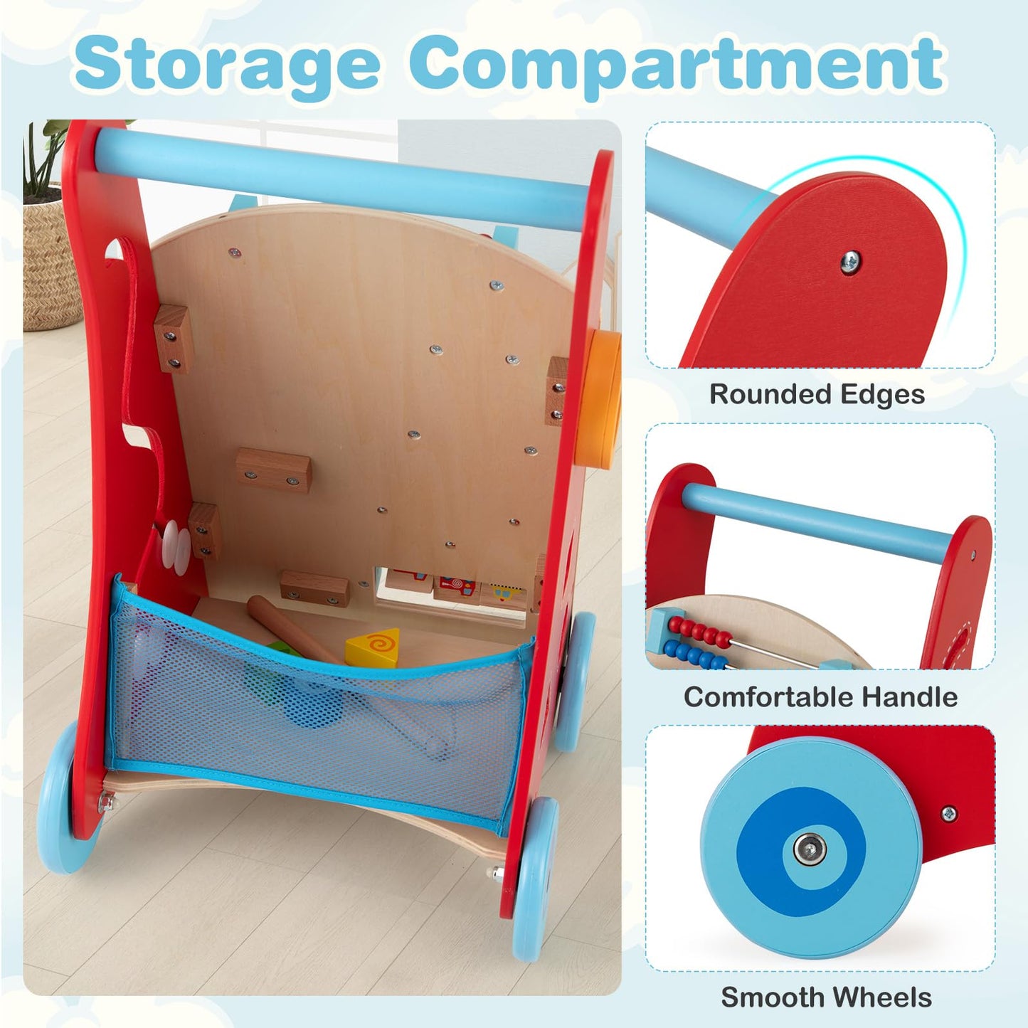 Wooden Baby Walker Learning Activity Walker with Mirror and Wheels