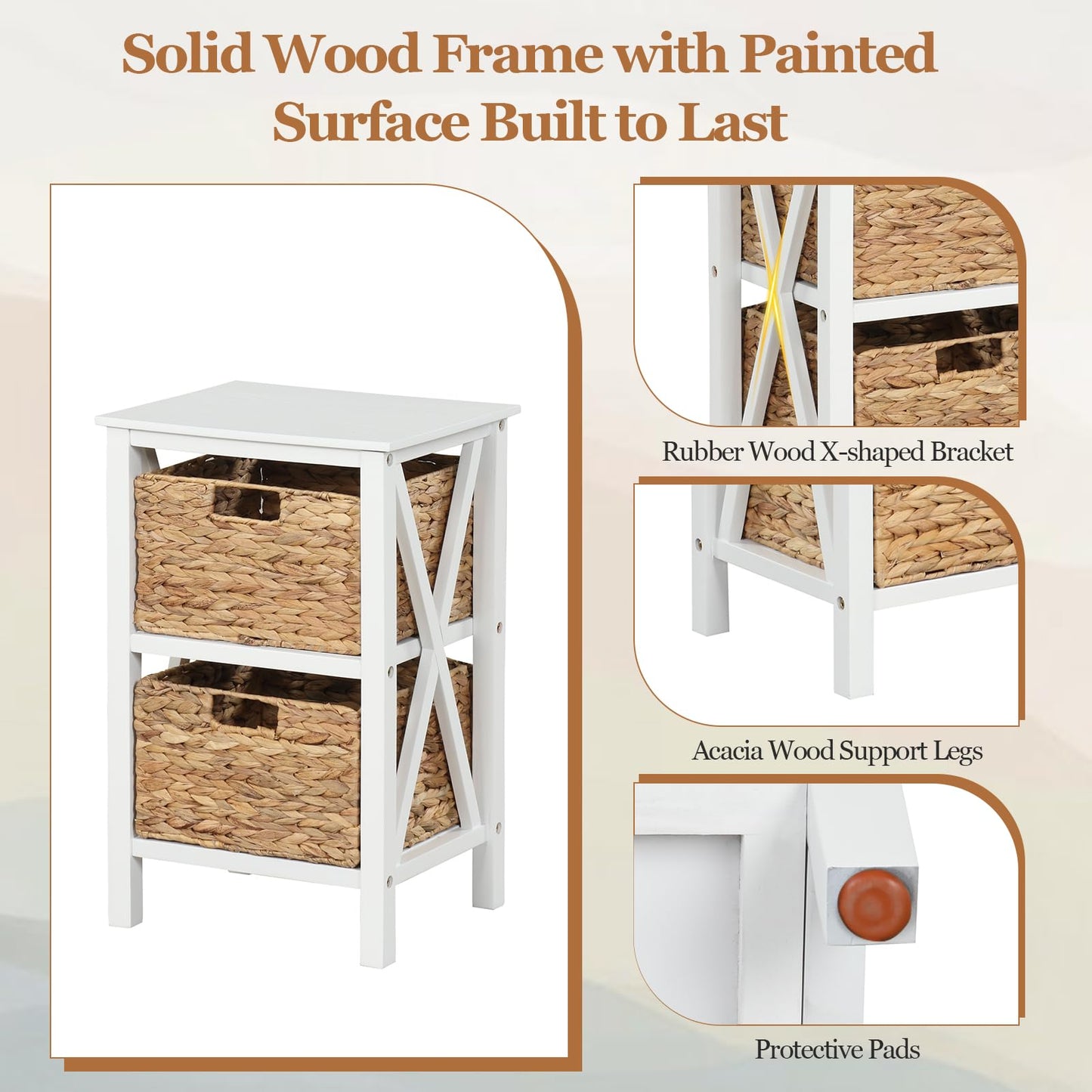 Sofa Side Table with Seagrass Baskets and Rubber Wood X-Shaped Frames and Acacia Wood Legs