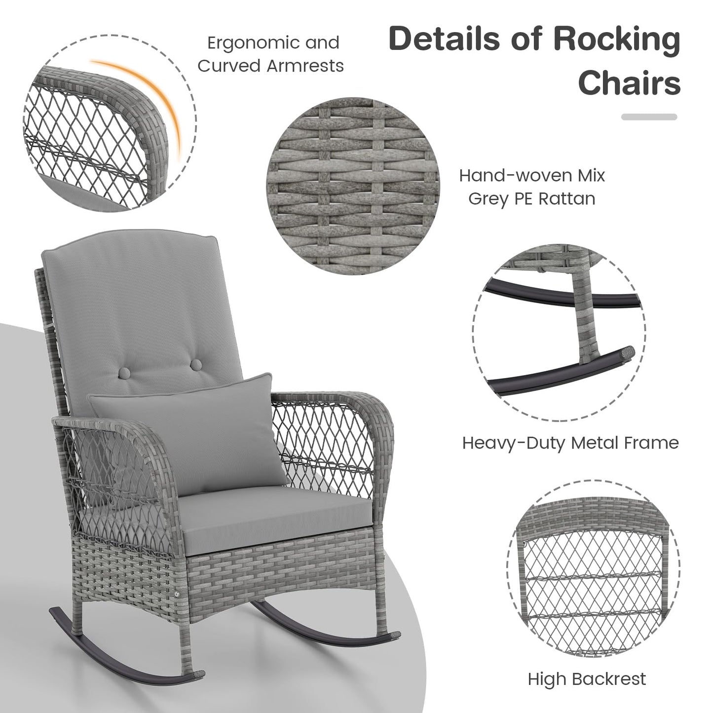 3 Piece Outdoor Rocking Chair Set with Cozy Cushions and Pillow