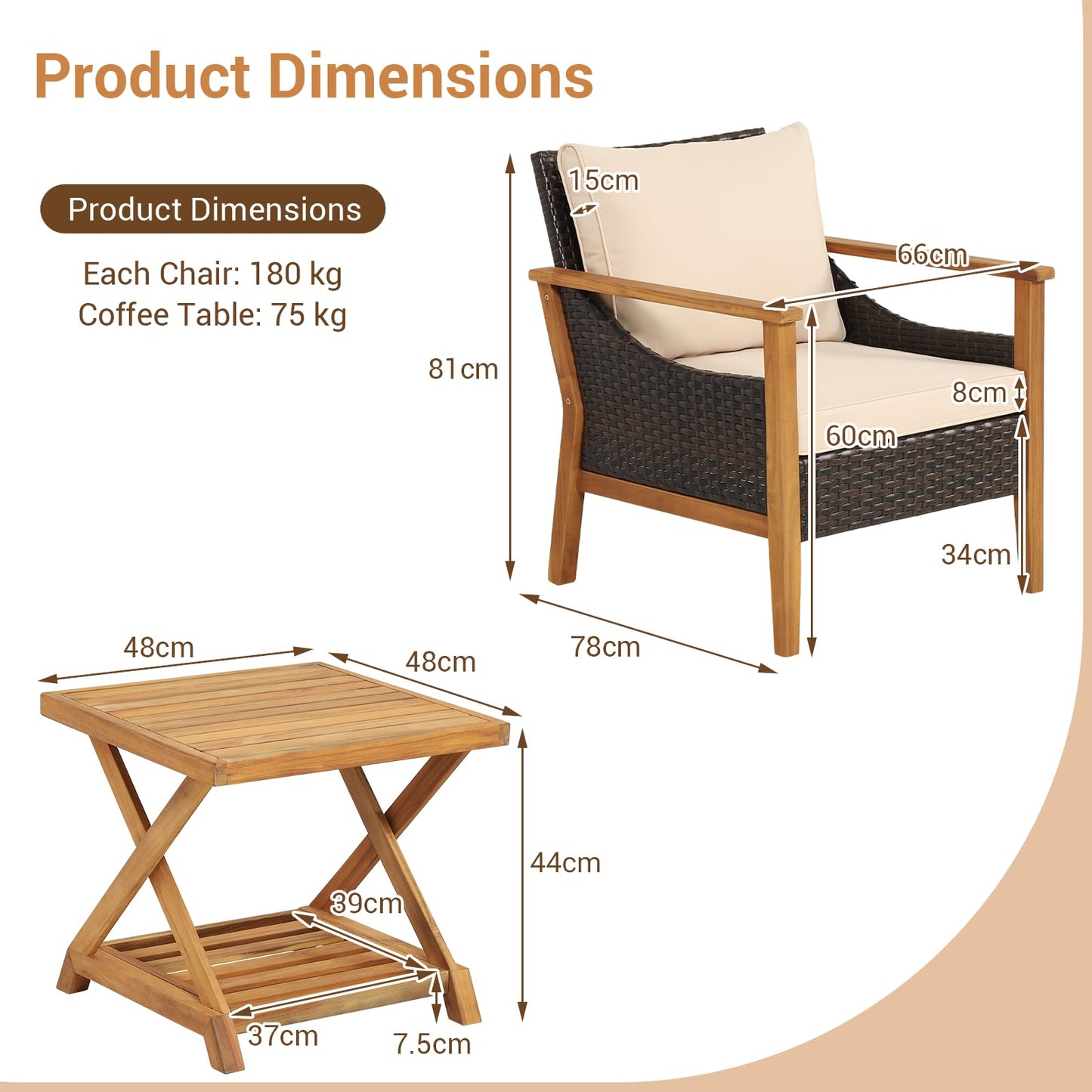 3 PCS Acacia Wood Garden Table and Chairs Patio Sofa Set with Coffee Table and Cushions