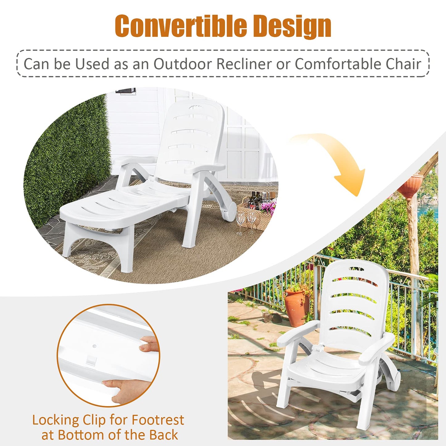 5-Position Adjustable Outdoor Folding Sunlounger with Wheels