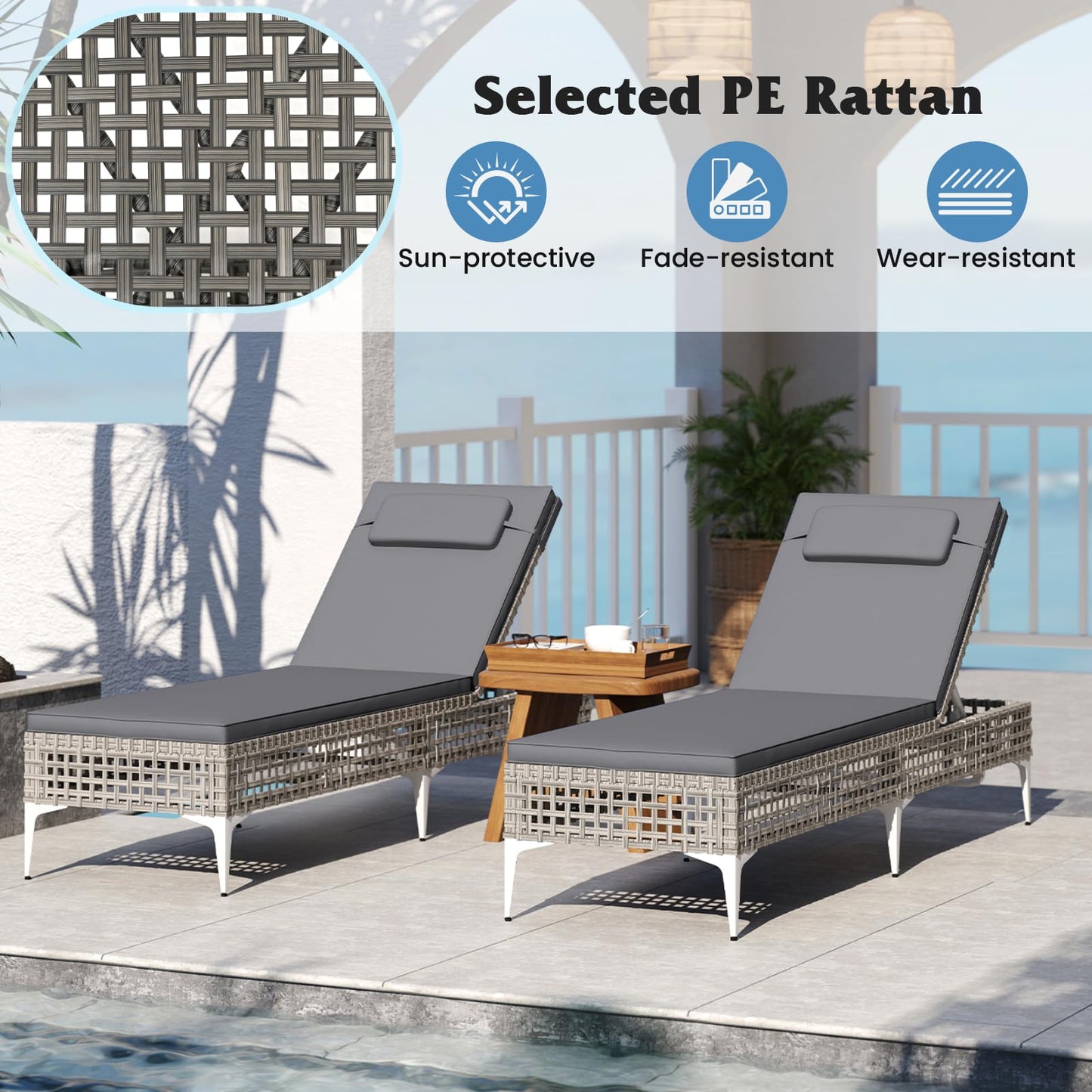 Patio Chaise Lounge PE Wicker Reclining Sun Lounger with 6-Level Adjustable Backrest