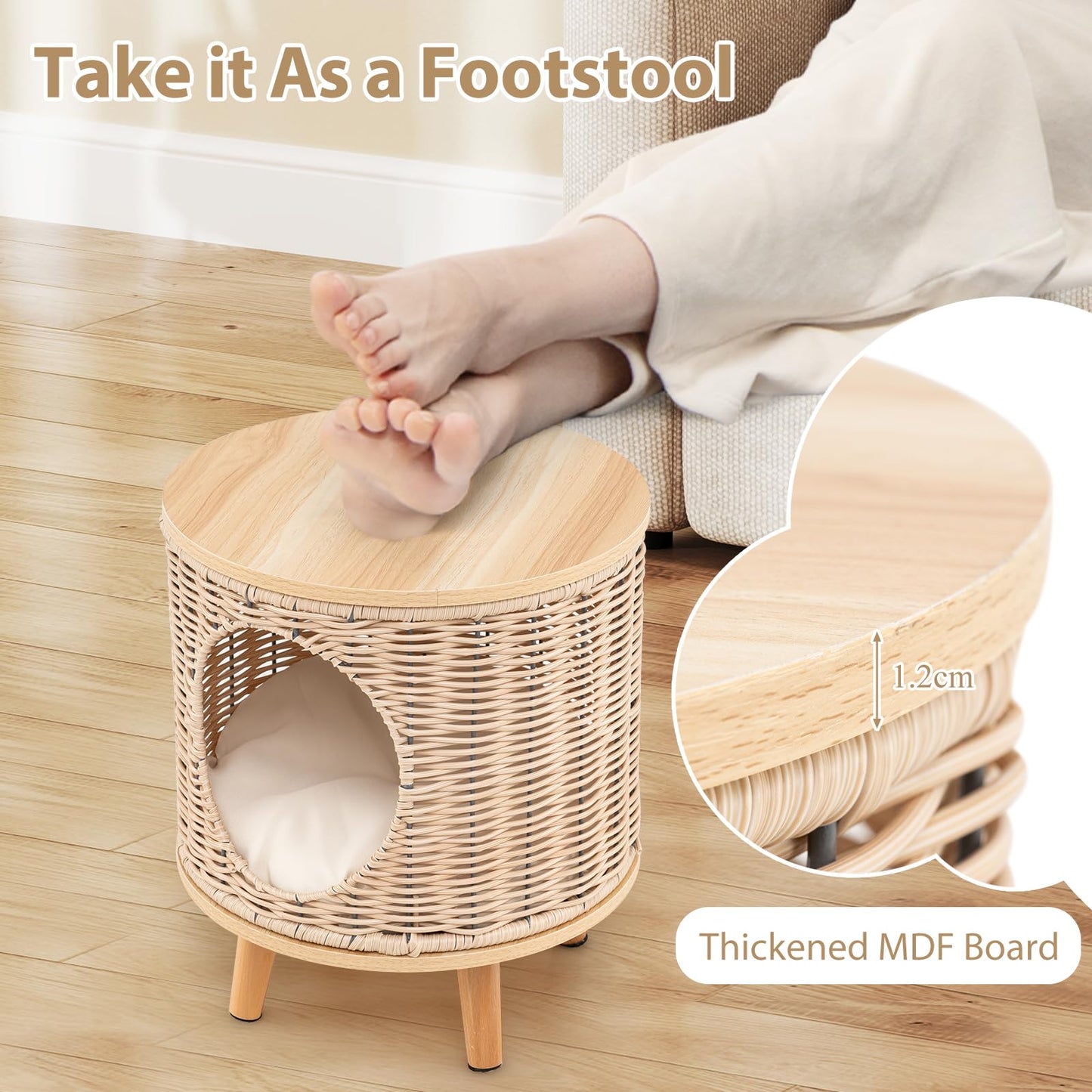 Wicker Cat Bed Ottoman Elevated Cats Cave Sleeping House