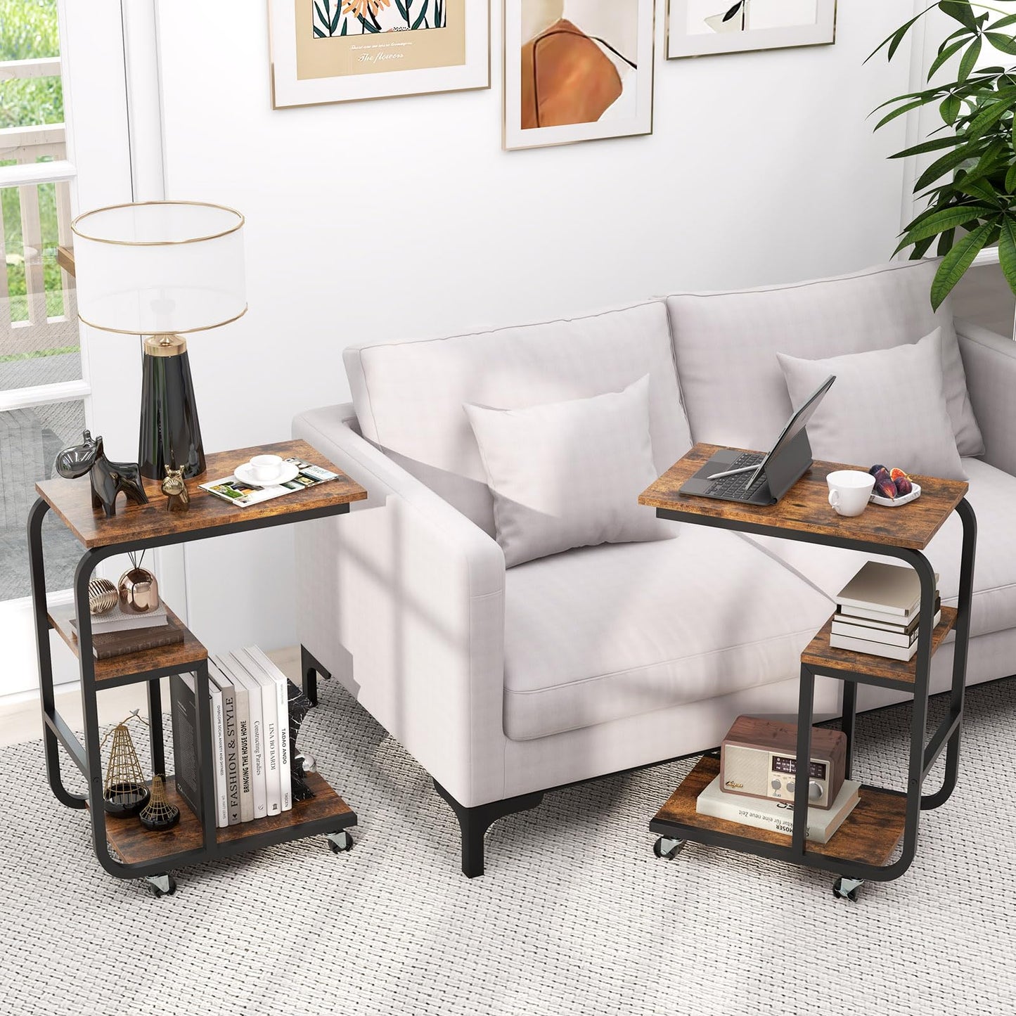 C shaped End Table Space-saving Couch Table with Shelves