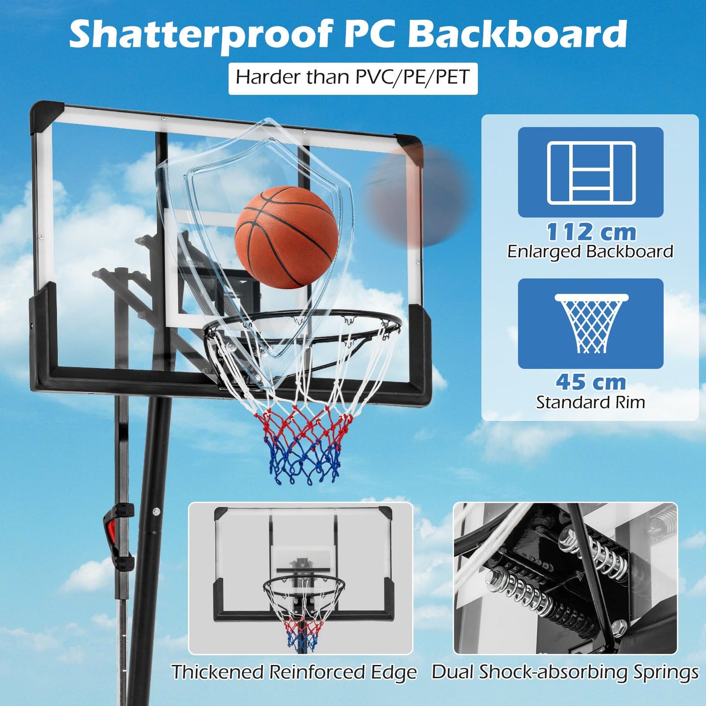 Basketball Hoop System with 44 Inch Shatterproof Backboard and Basketball Rebounder