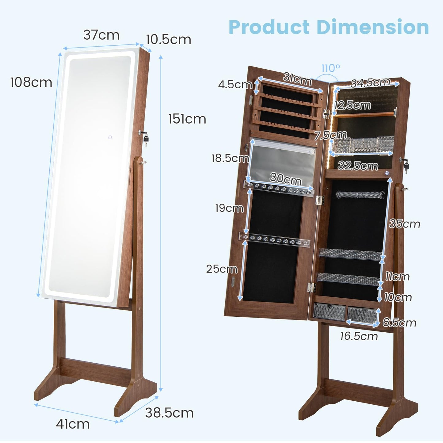 Standing Jewelry Cabinet with LED Lights Lipstick Box and 2 Drawers