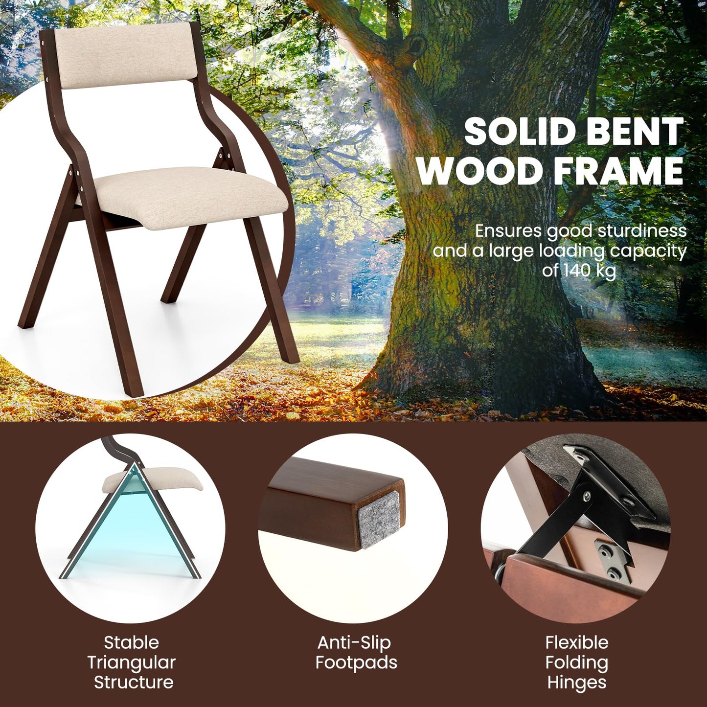 Padded Folding Chair Set of 2, Wooden Counter Dining Chairs with Linen Fabric Seat