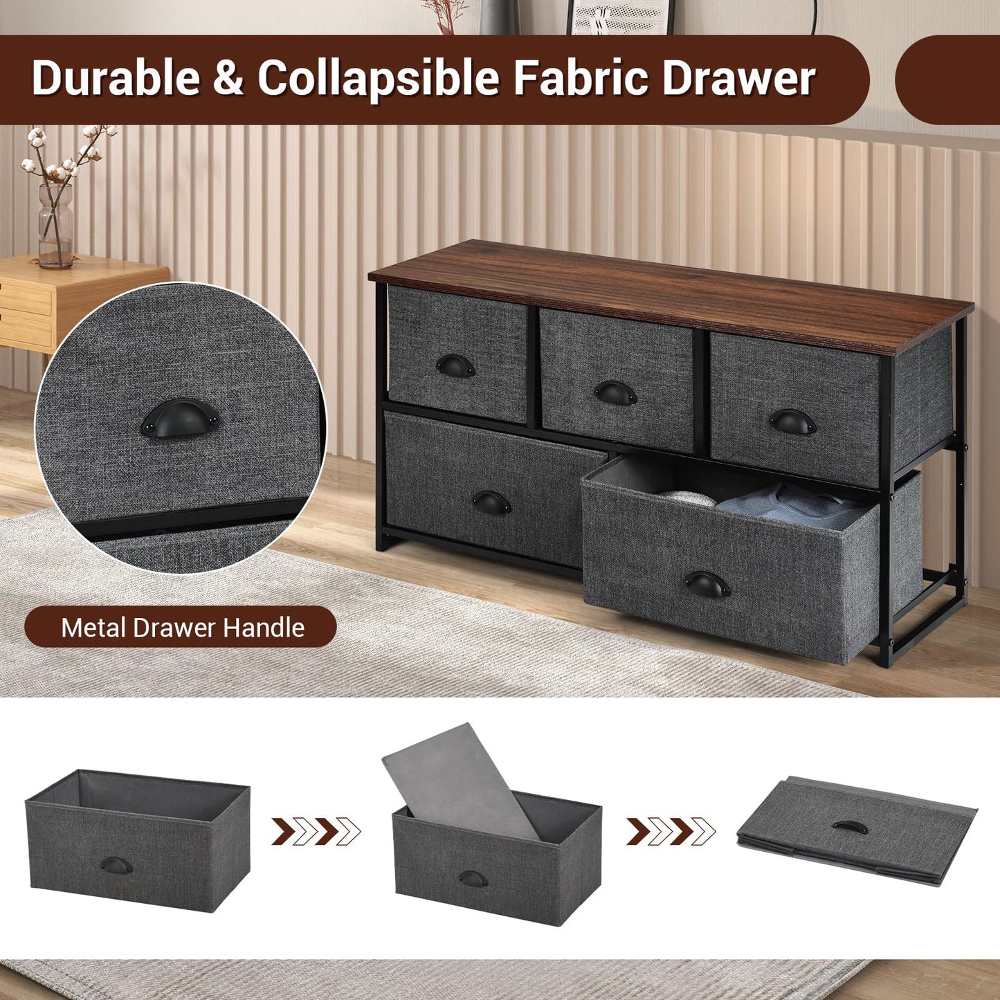 Fabric 5 Drawer Dresser Cabinet with Wooden Top