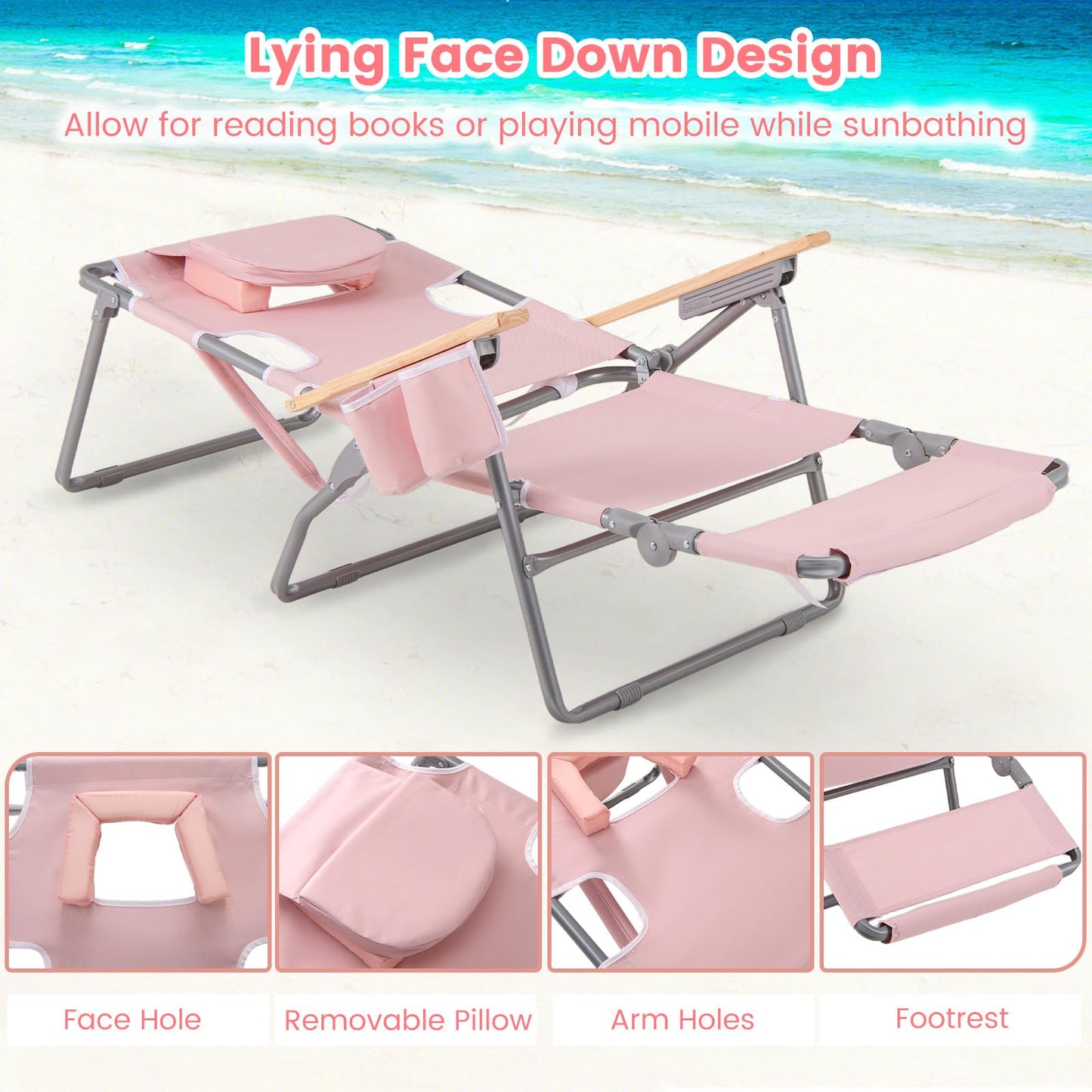 3-IN-1 Foldable Beach Chair Lay-Flat Tanning Chair with Face Hole