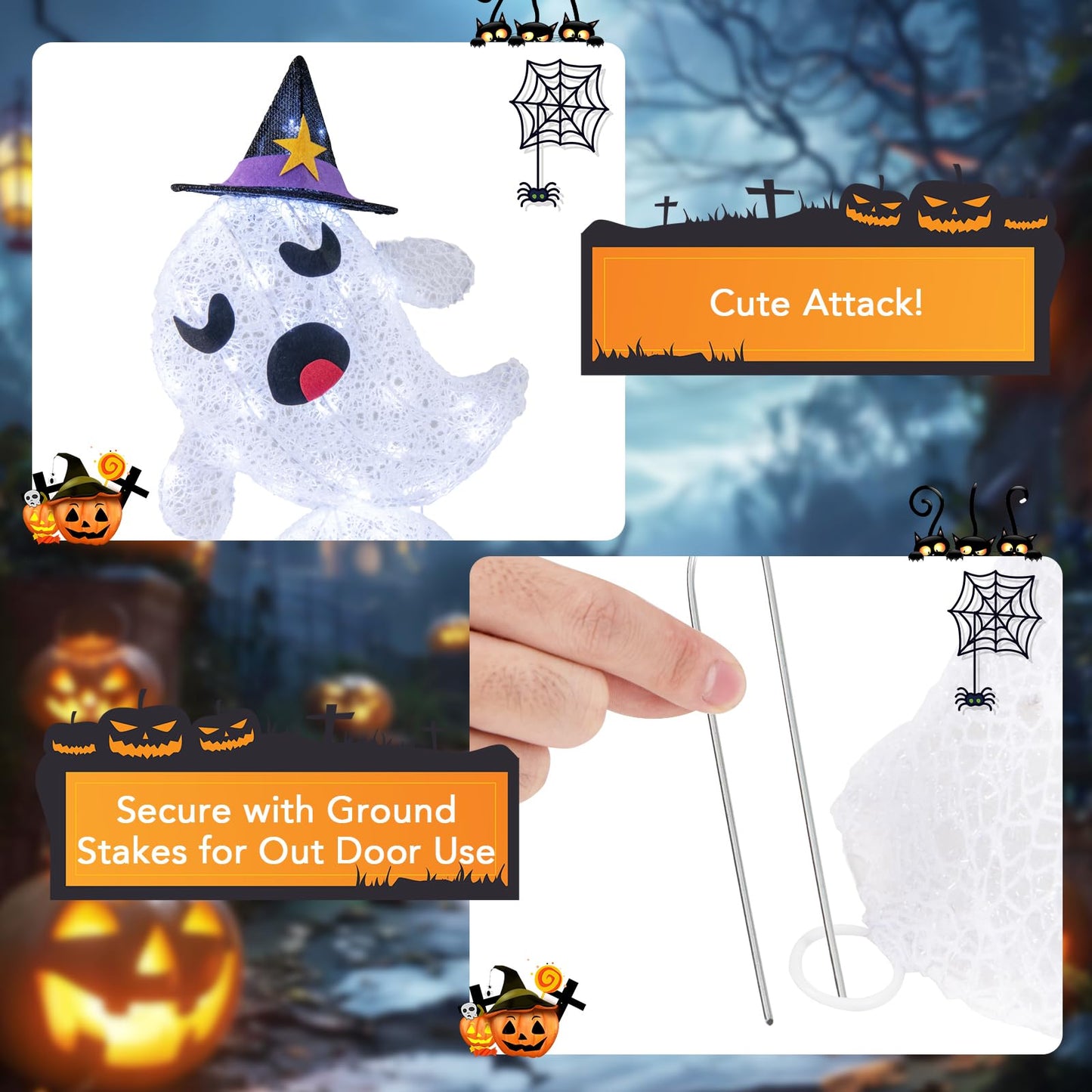 4 FT Lighted Stacked Ghosts with 120 LED Lights and 4 Metal Ground Stakes