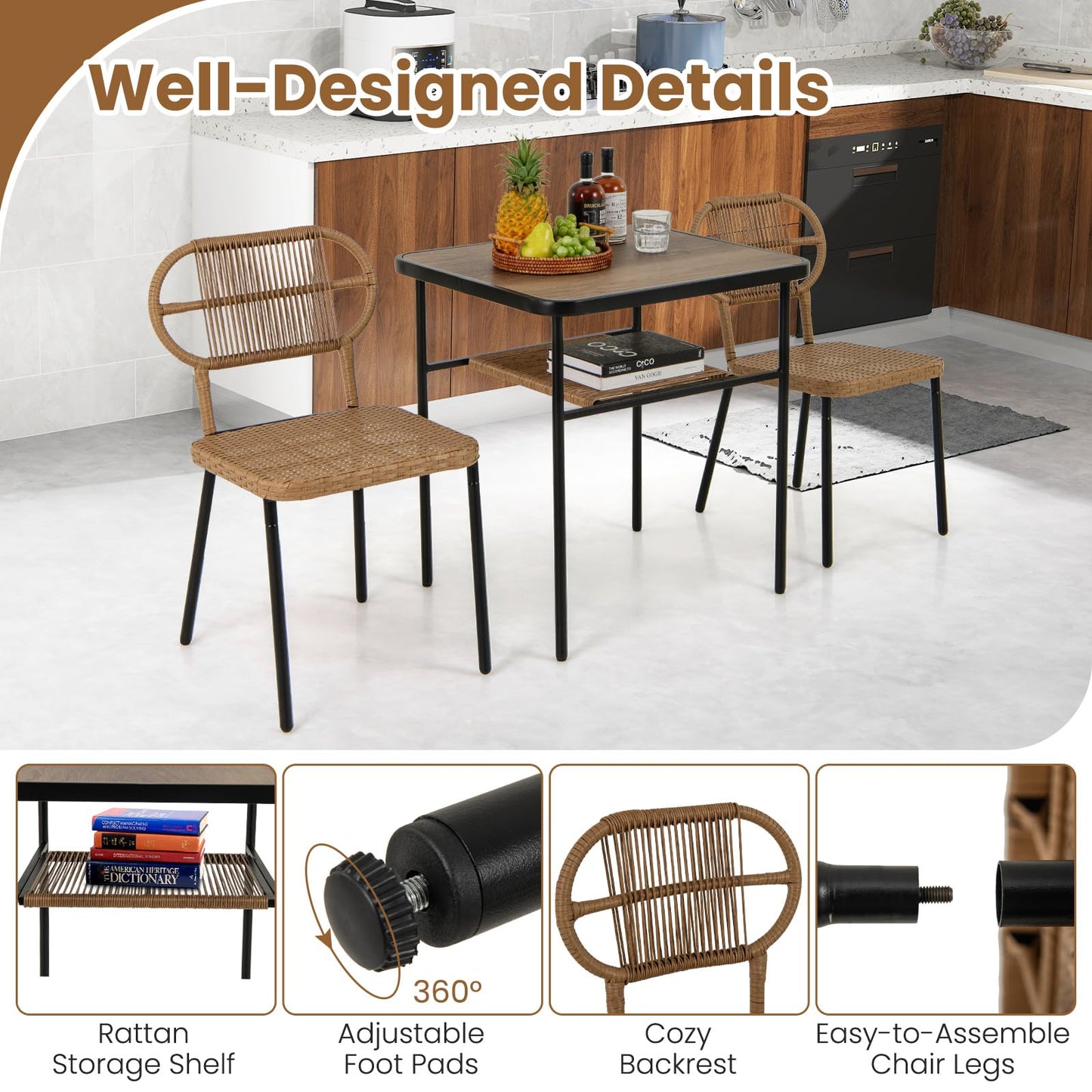 Outdoor Dining Table with 2 Varied-Size Stackable Rattan Chairs & Shelf