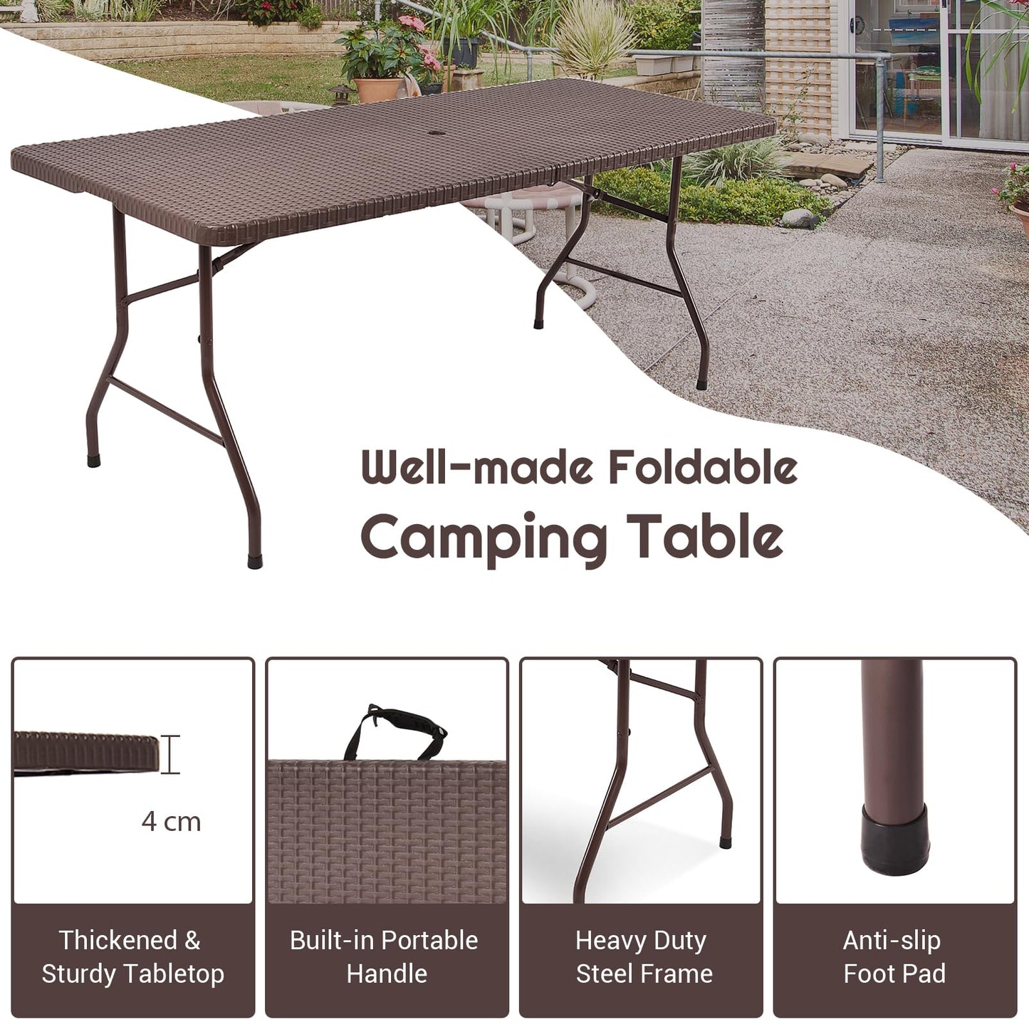 182cm Outdoor Folding Camping Table with Carrying Handles