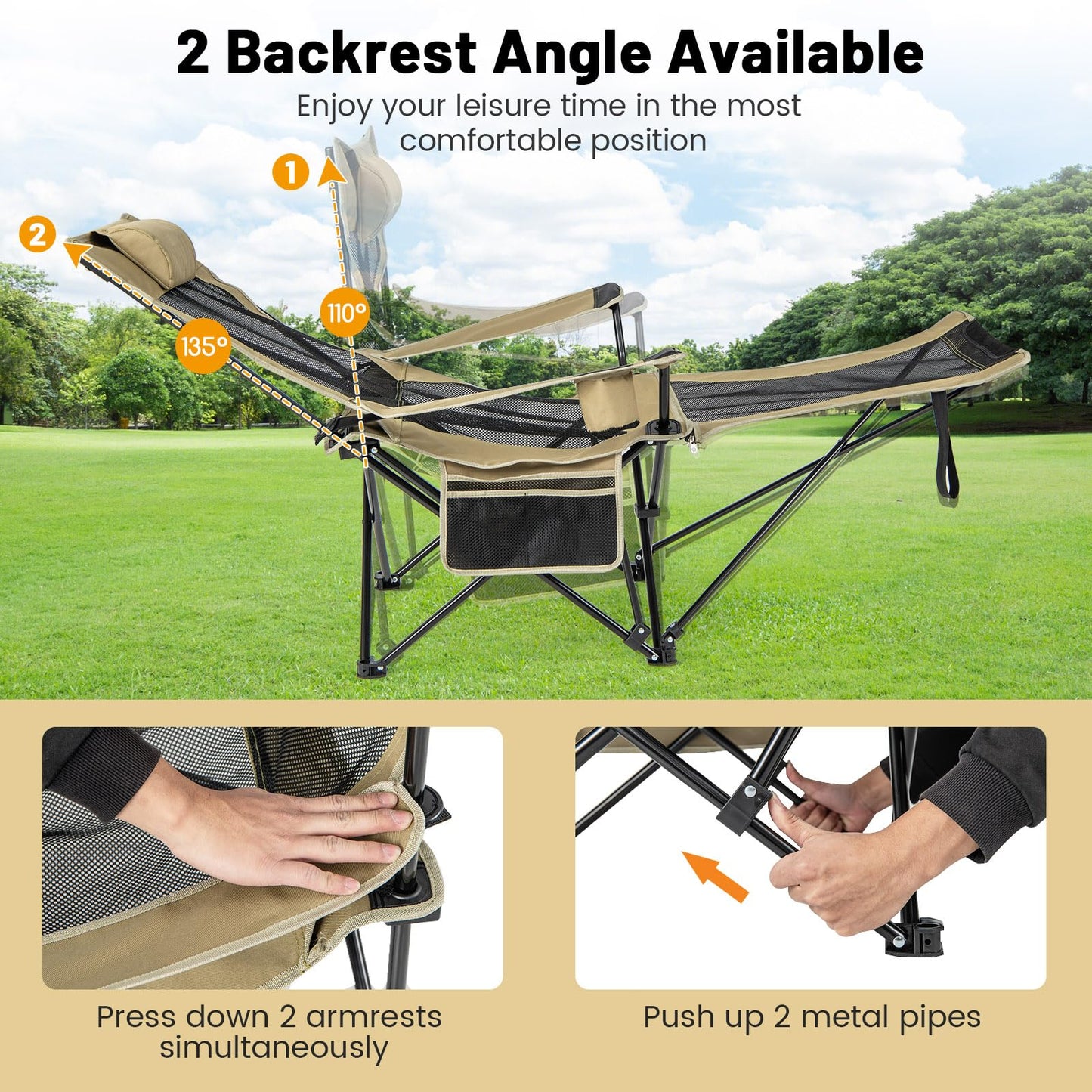 2 in 1 Portable Reclining Camp Chair with Detachable Footrest