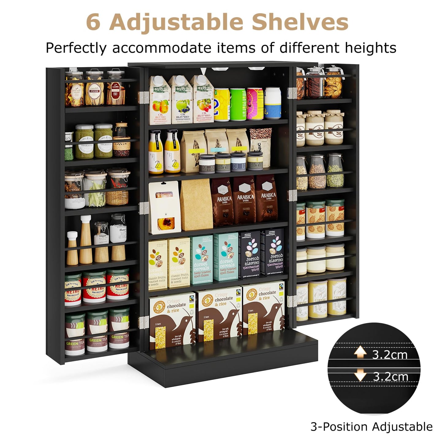 104cm Tall Kitchen Pantry Storage Cabinet with Doors and Adjustable Shelves