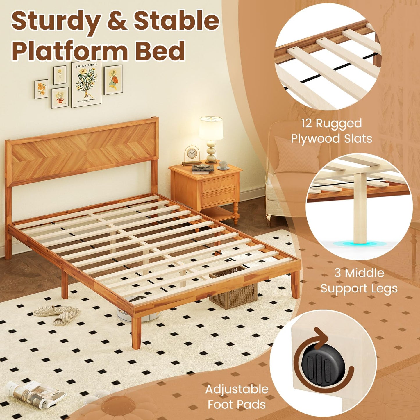 Mid-Century Acacia Wood Bed Frame with Headboard