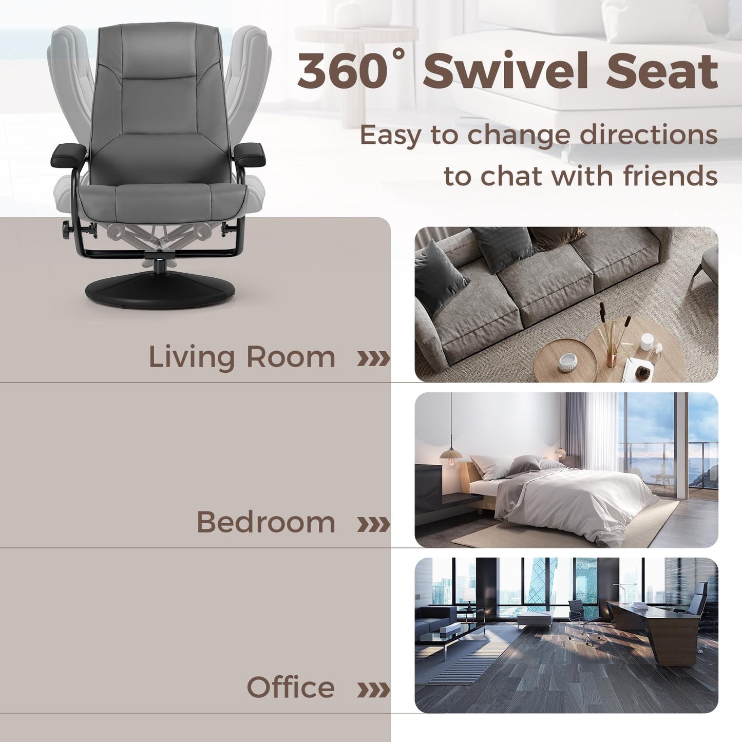 360° Swivel Reclining Chair with Ottoman and Adjustable Backrest