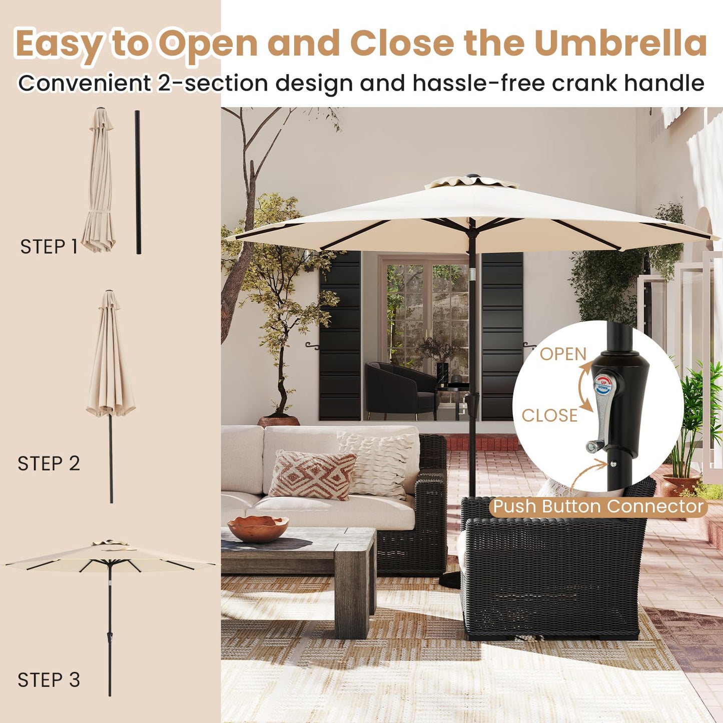 3M Waterproof Garden Parasol with Tilt & Crank Handle
